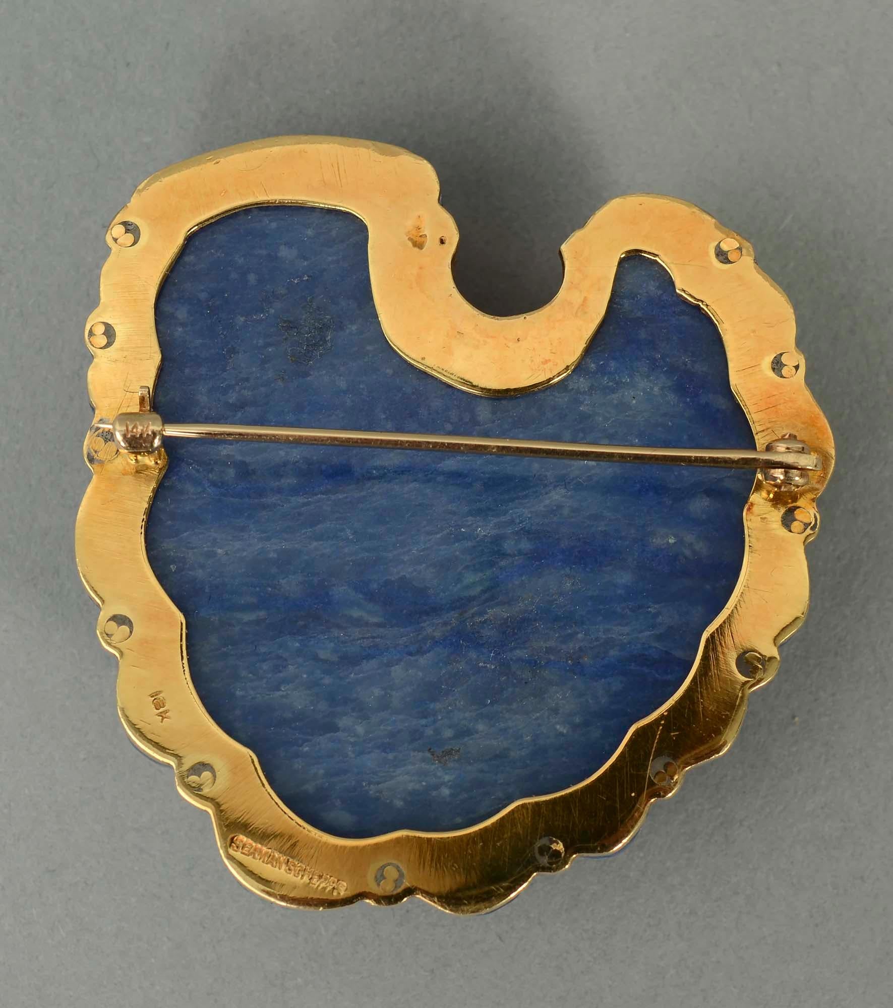 Seaman Schepps Gold and Sodalite Carved Shell Brooch In Excellent Condition In Darnestown, MD
