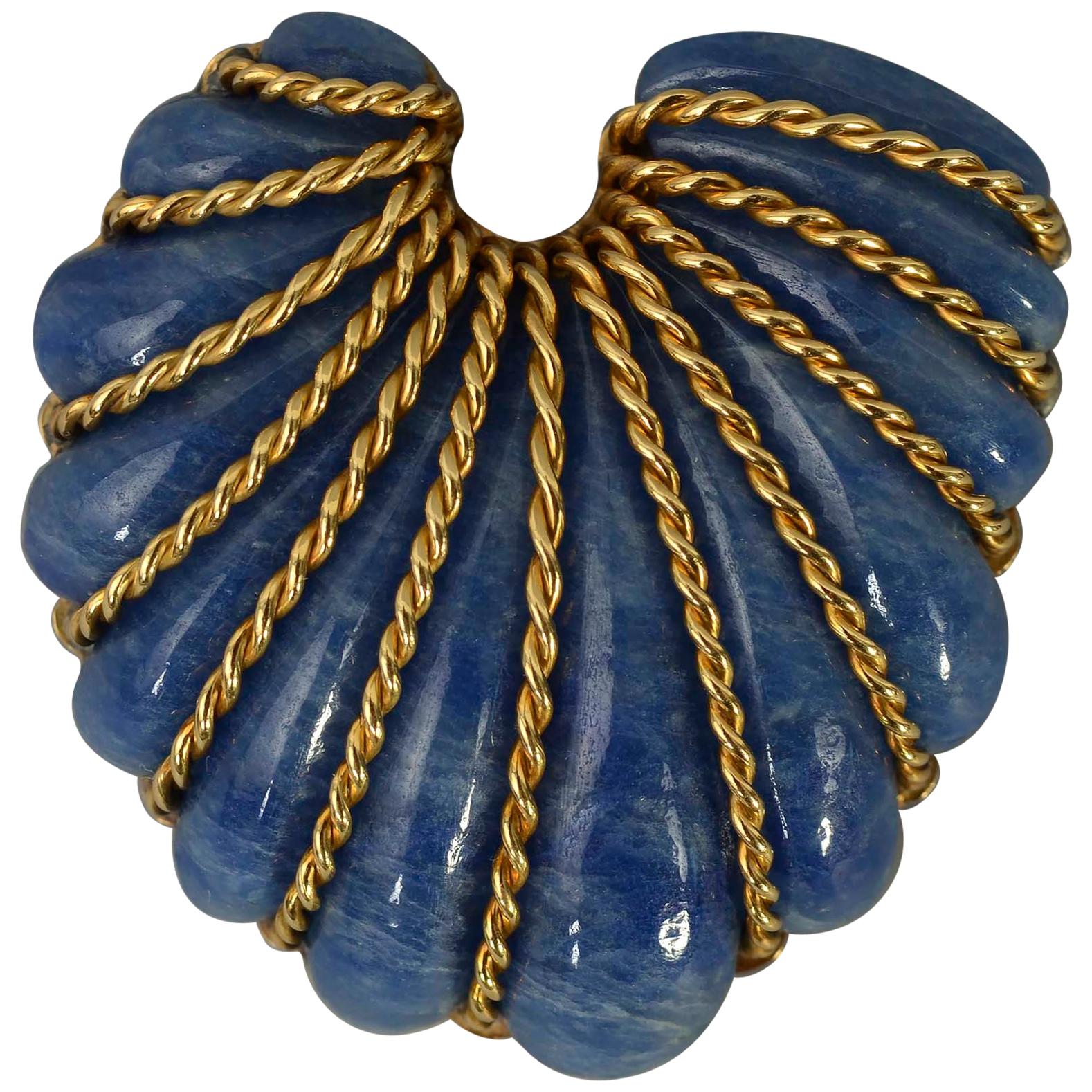Seaman Schepps Gold and Sodalite Carved Shell Brooch