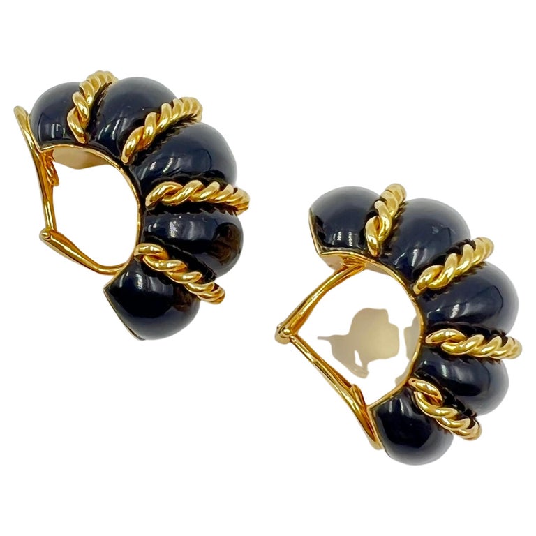 Modern Seaman Schepps Gold Black Onyx Shrimp Earrings For Sale