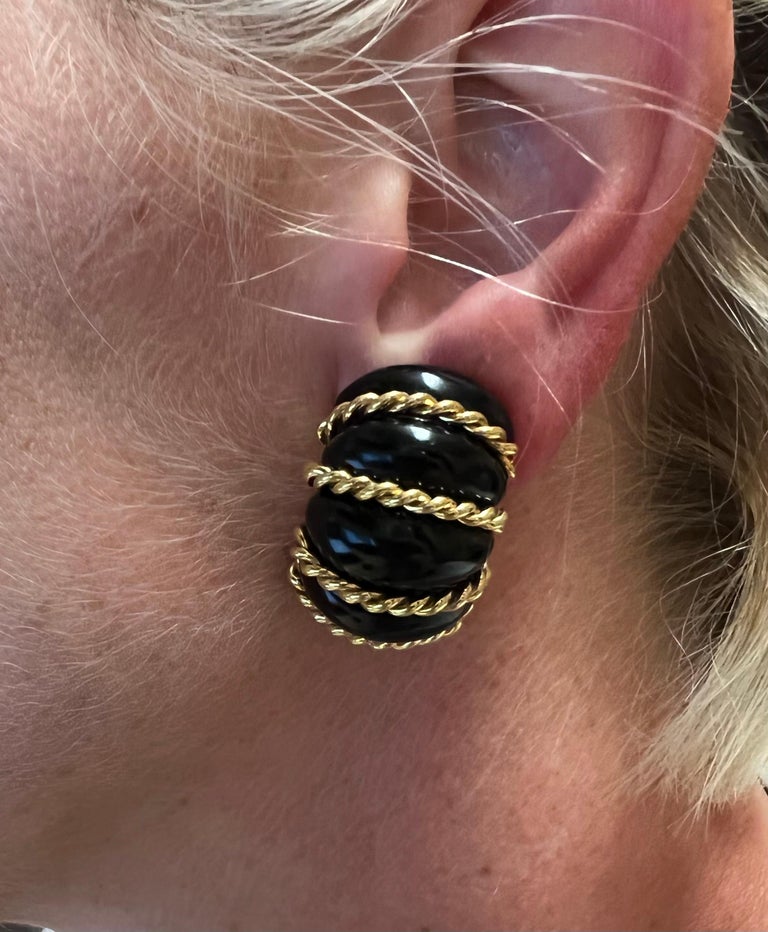Tumbled Seaman Schepps Gold Black Onyx Shrimp Earrings For Sale