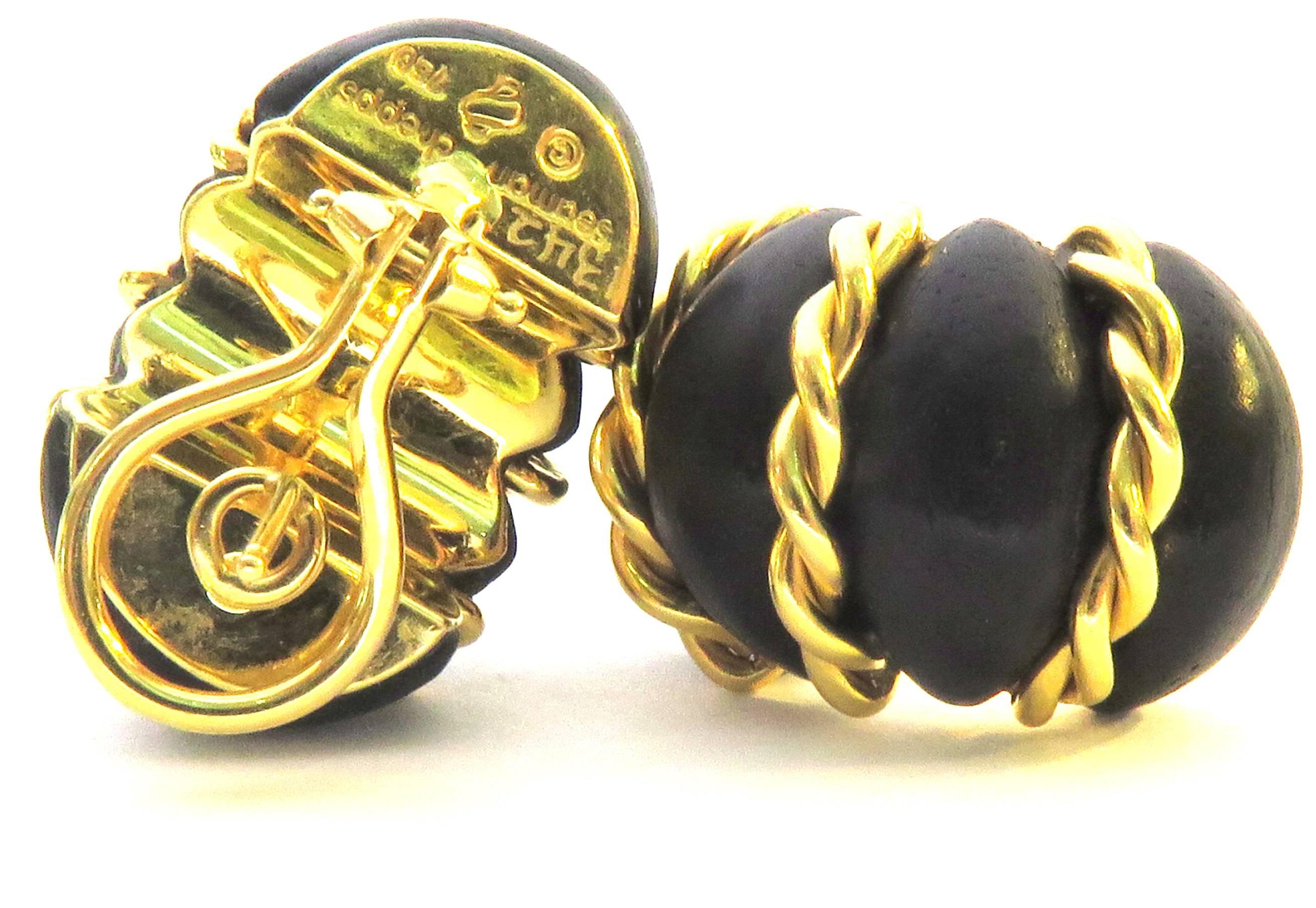 Seaman Schepps Gold Carved Ebony Wood Twisted Rope Shrimp Earclips 9