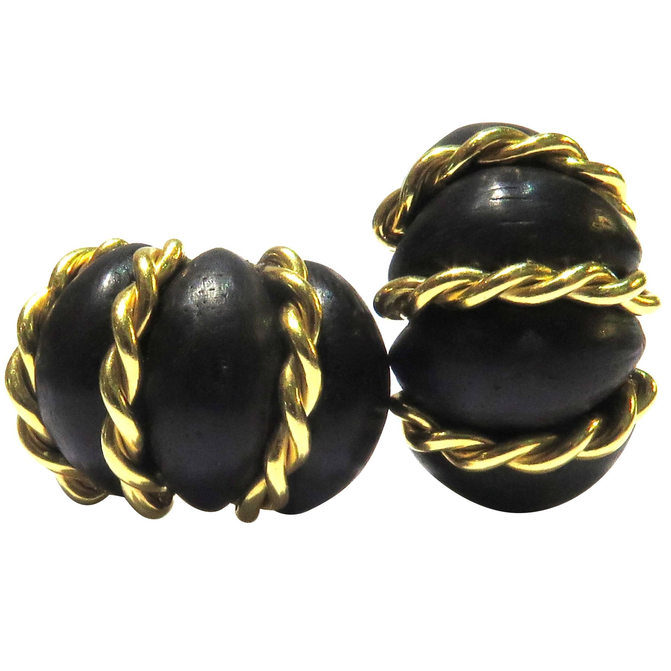 Seaman Schepps Gold Carved Ebony Wood Twisted Rope Shrimp Earclips