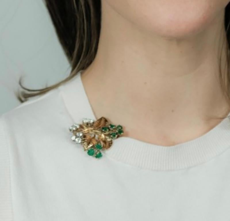 Women's Seaman Schepps Gold, Diamond and Emerald Leaf Clip-Brooch For Sale