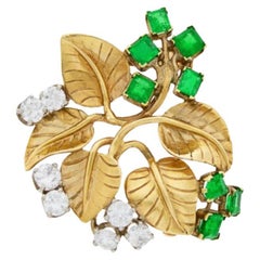 Vintage Seaman Schepps Gold, Diamond and Emerald Leaf Clip-Brooch