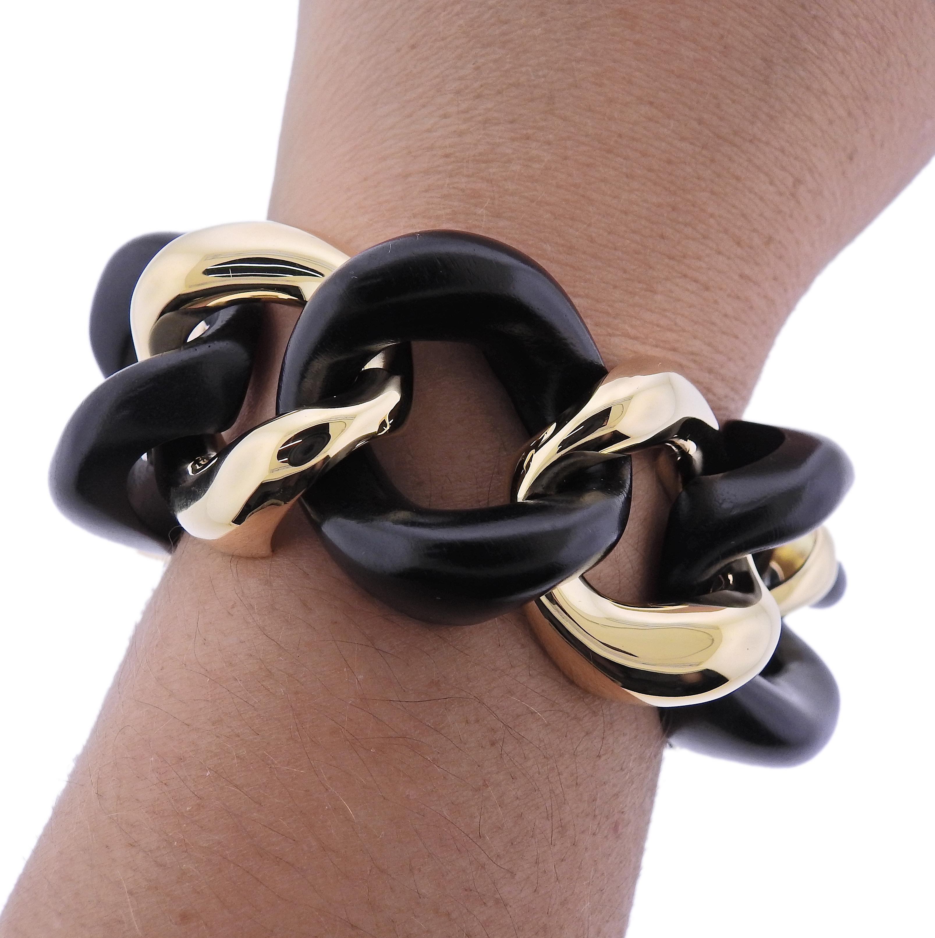 Women's or Men's Seaman Schepps Gold Ebony Wood Link Bracelet For Sale