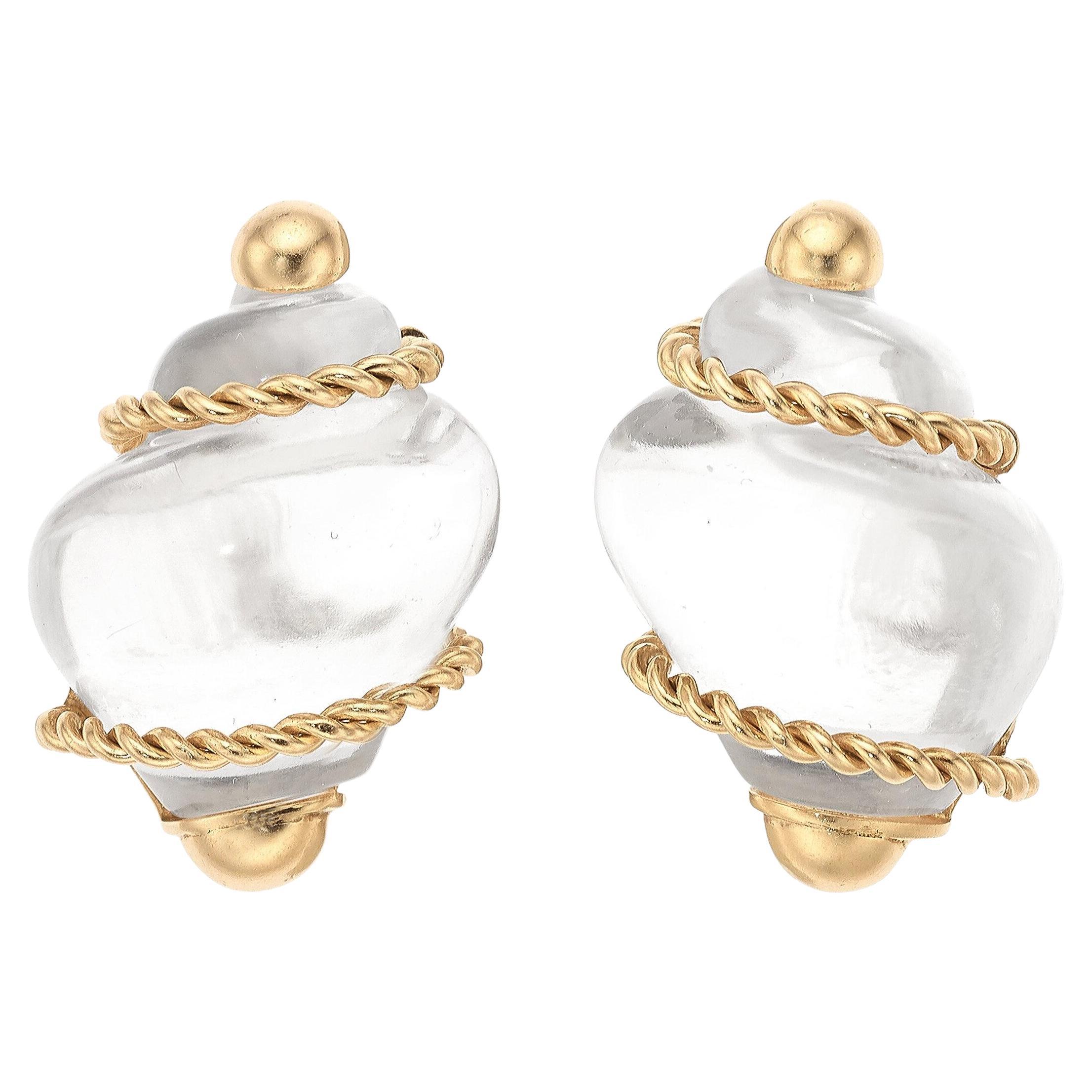 Seaman Schepps Gold Rock Crystal Shell Earrings