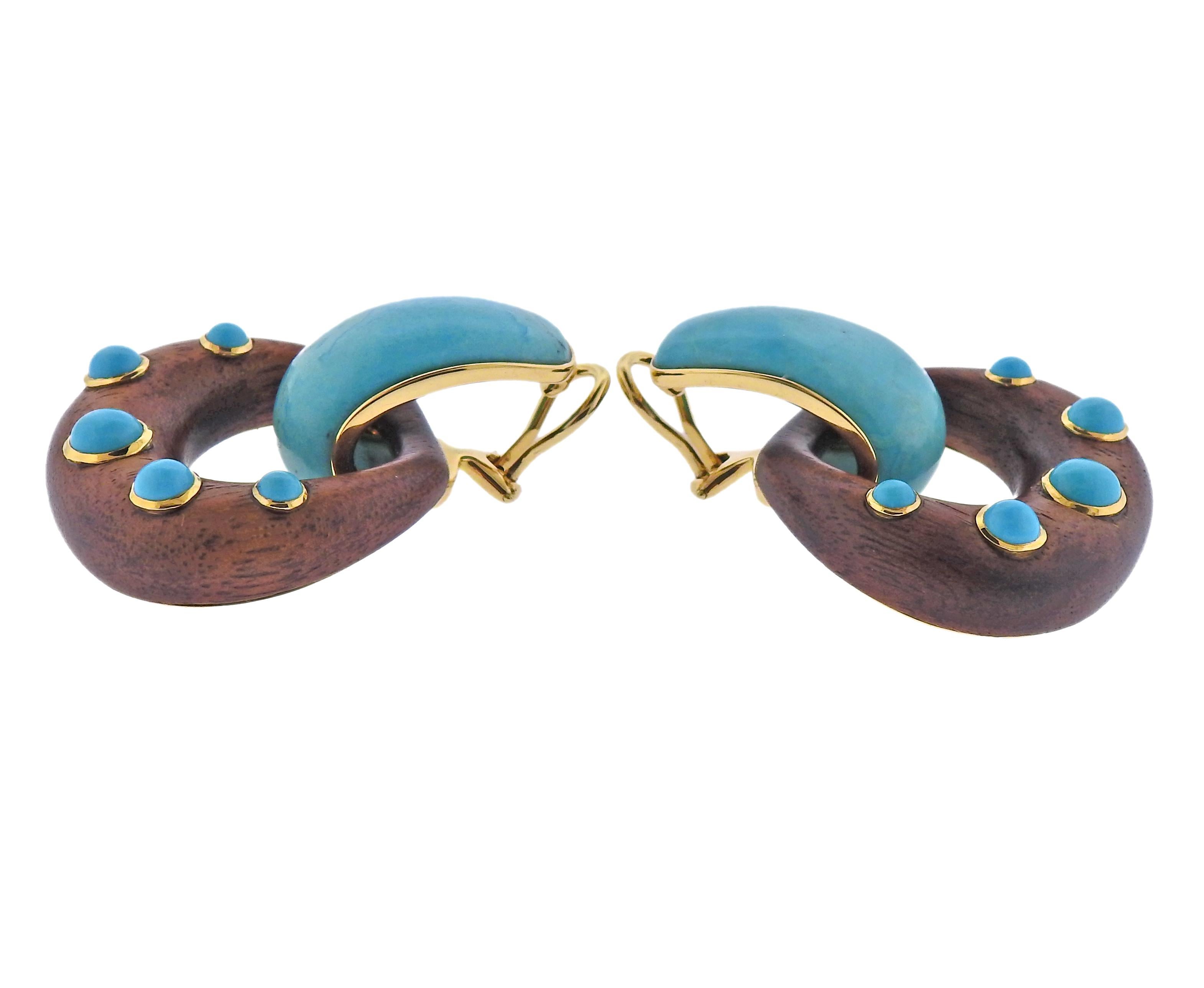 Brand new Seaman Schepps pair of versatile earrings, can be worn as doorknockers or hoops alone. Set with wood and turquoise. Can be purchased separately: hoops $4100; pendants $4300. Come with box.  Earrings are 38mm long. Pendants 28mm x 31mm.