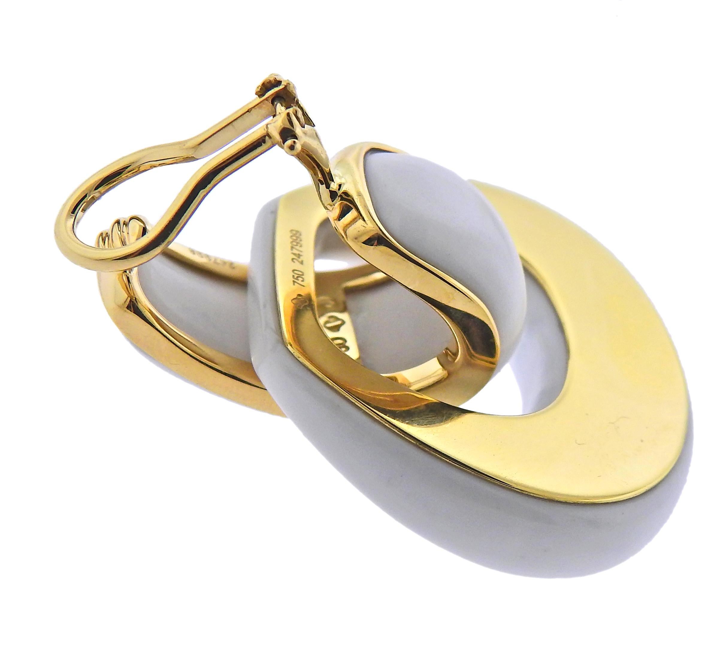Round Cut Seaman Schepps Gold White Agate Madison Doorknocker Hoop Earrings For Sale