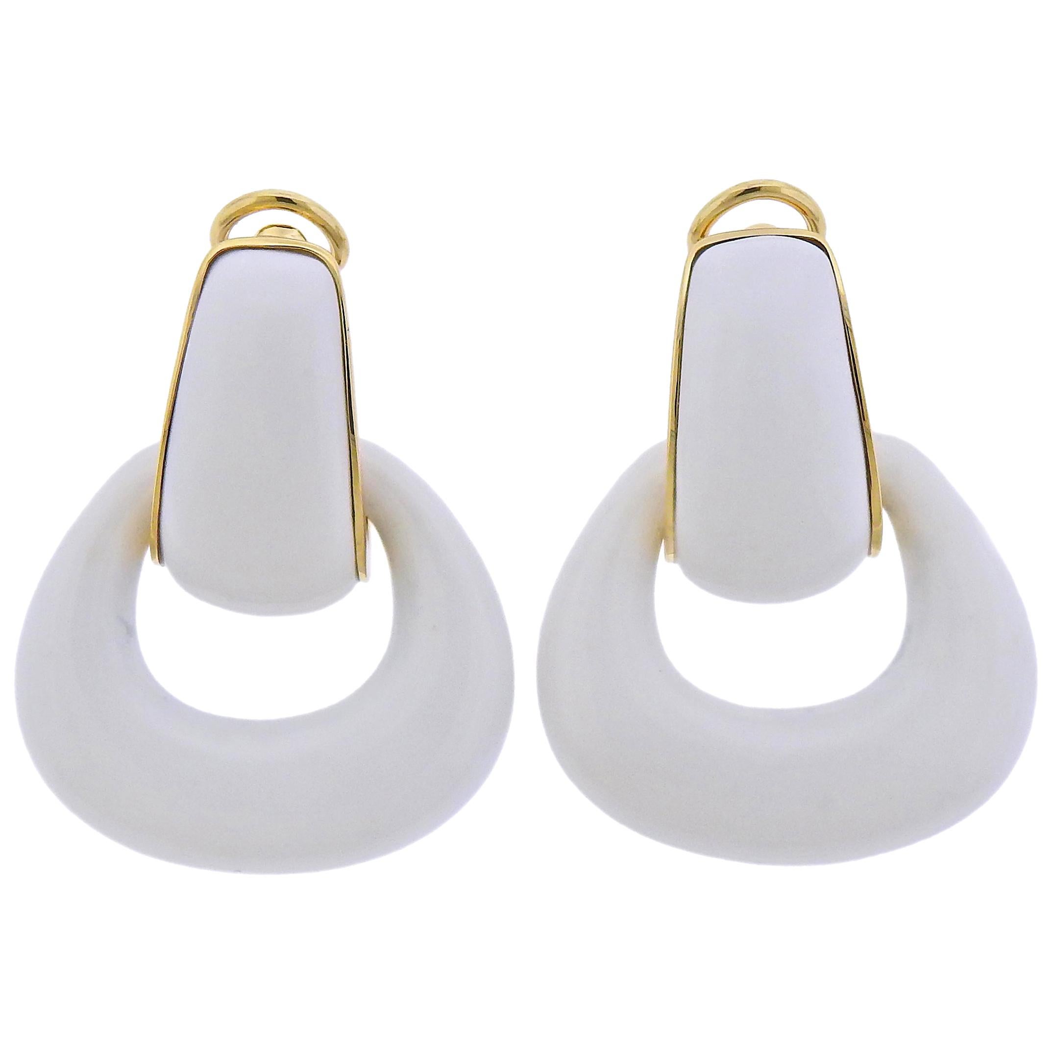 Seaman Schepps Gold White Agate Madison Doorknocker Hoop Earrings For Sale