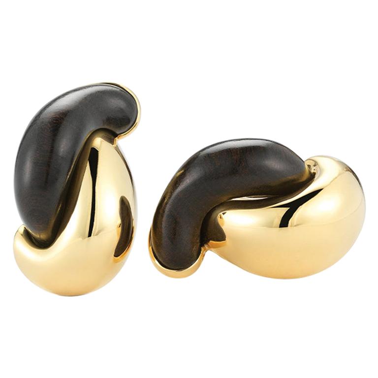 Seaman Schepps Half Link 18 Karat Yellow Gold and Ebony Wood Earrings