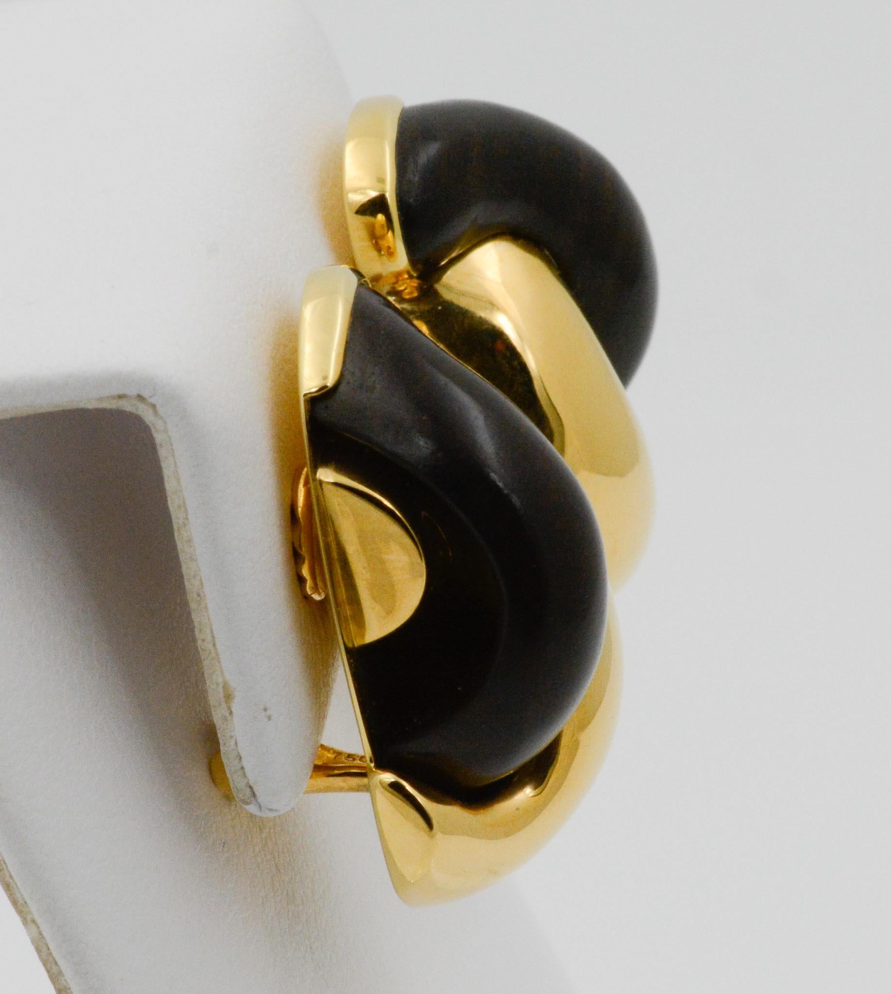 Women's Seaman Schepps Half Link 18 Karat Yellow Gold and Ebony Wood Earrings