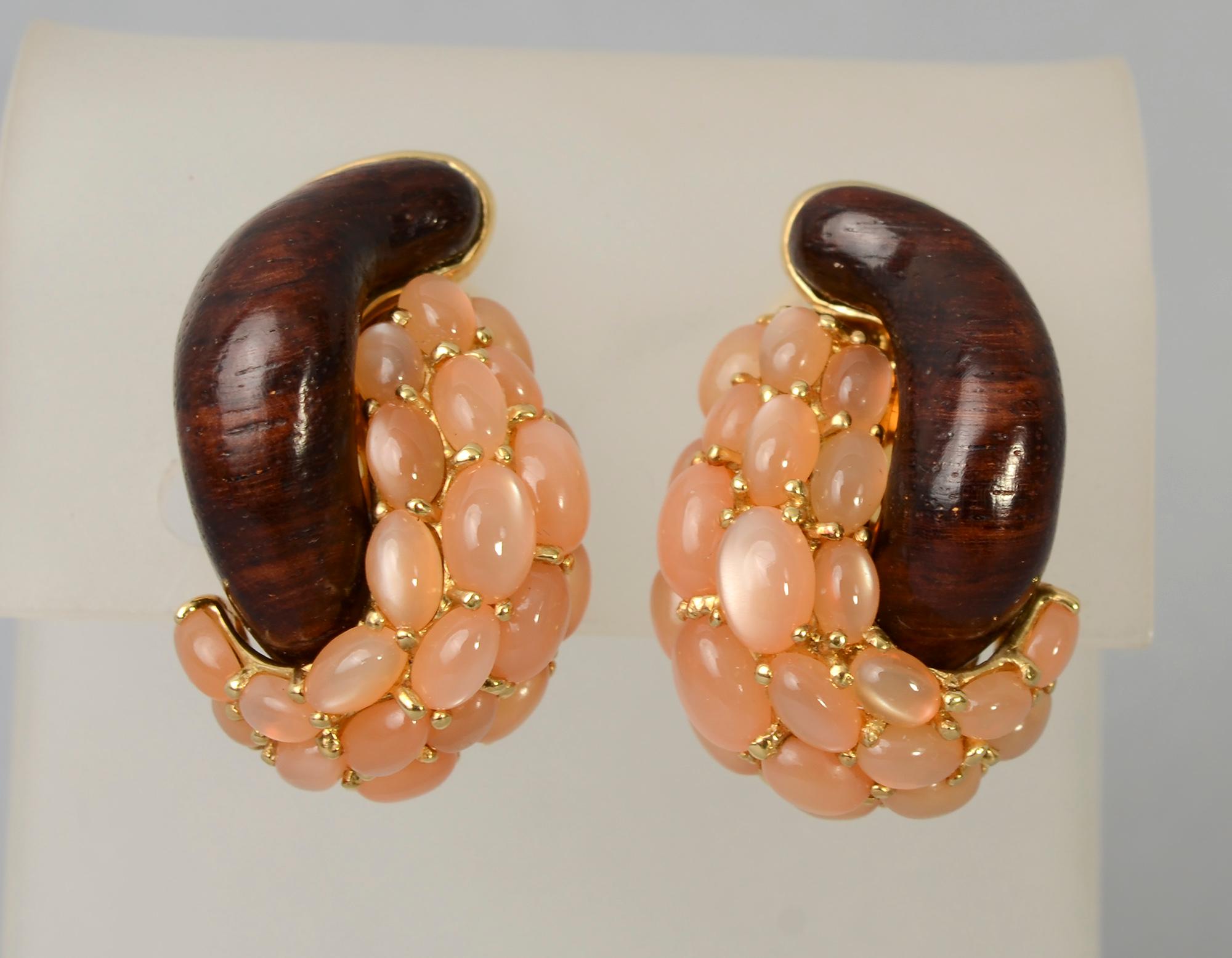 Seaman Schepps Half Link Wood and Pink Moonstone Earrings In Excellent Condition In Darnestown, MD