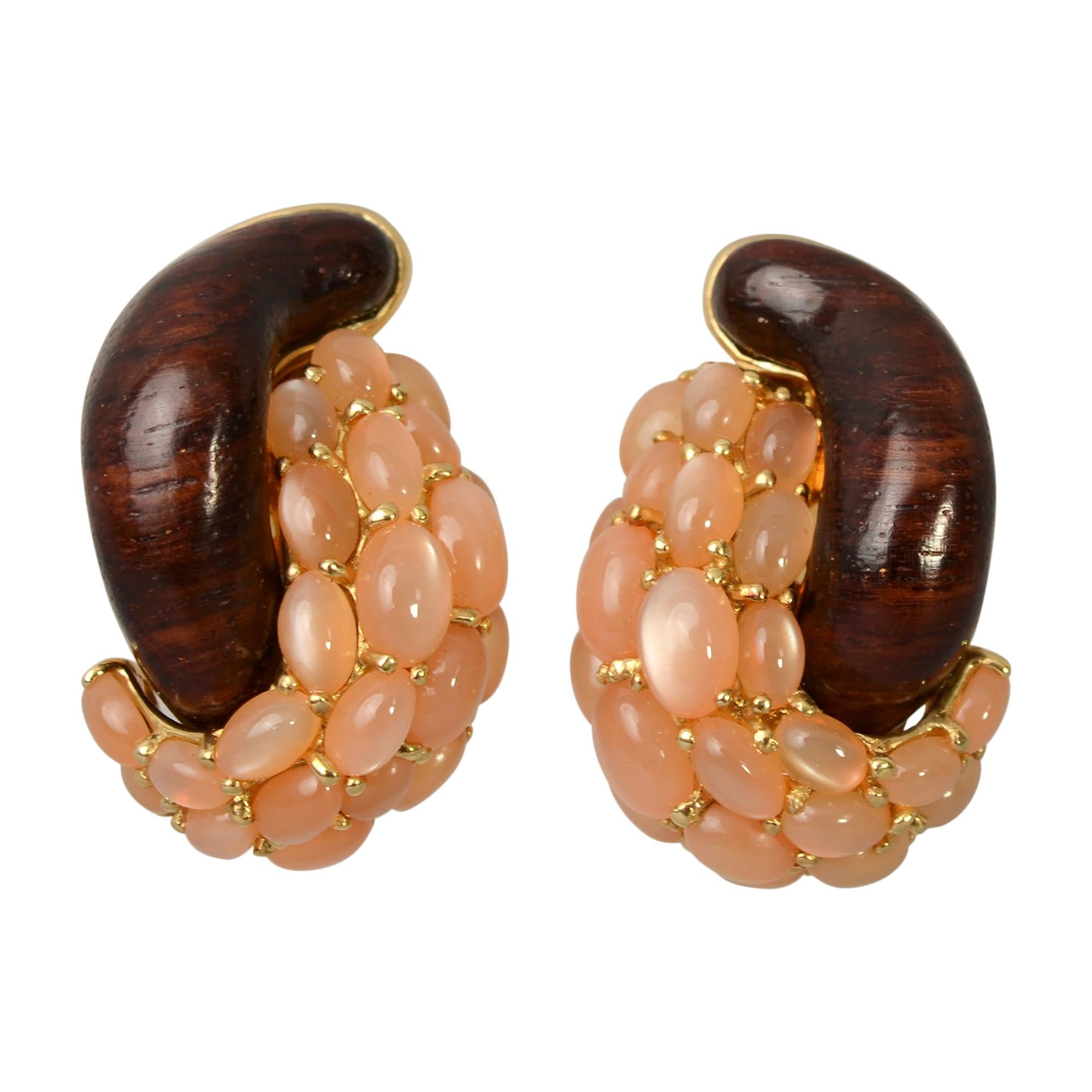 Seaman Schepps Half Link Wood and Pink Moonstone Earrings For Sale