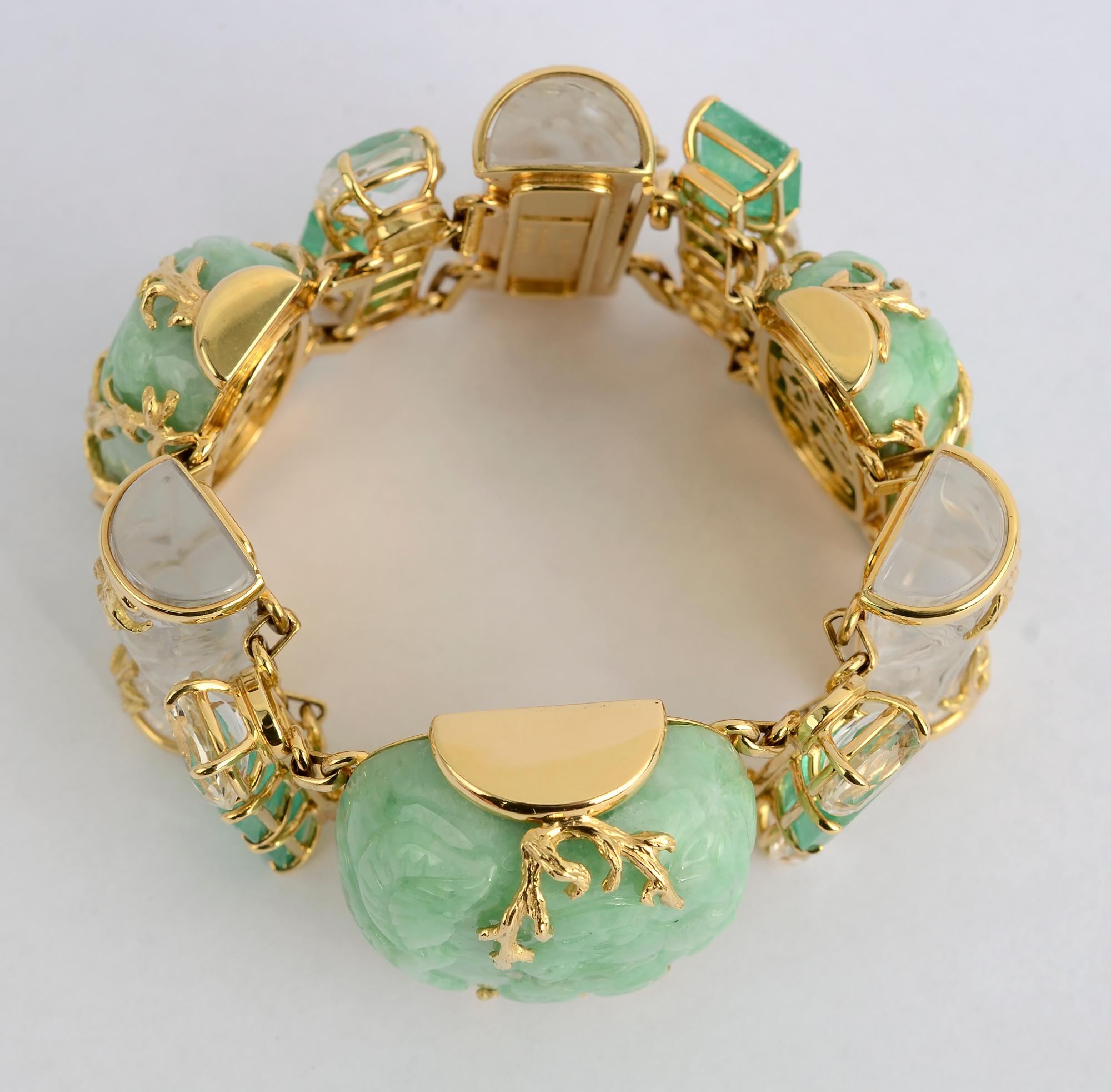 Modern Seaman Schepps Jade, Rock Crystal and Emerald Gold Snuff Bottle Bracelet