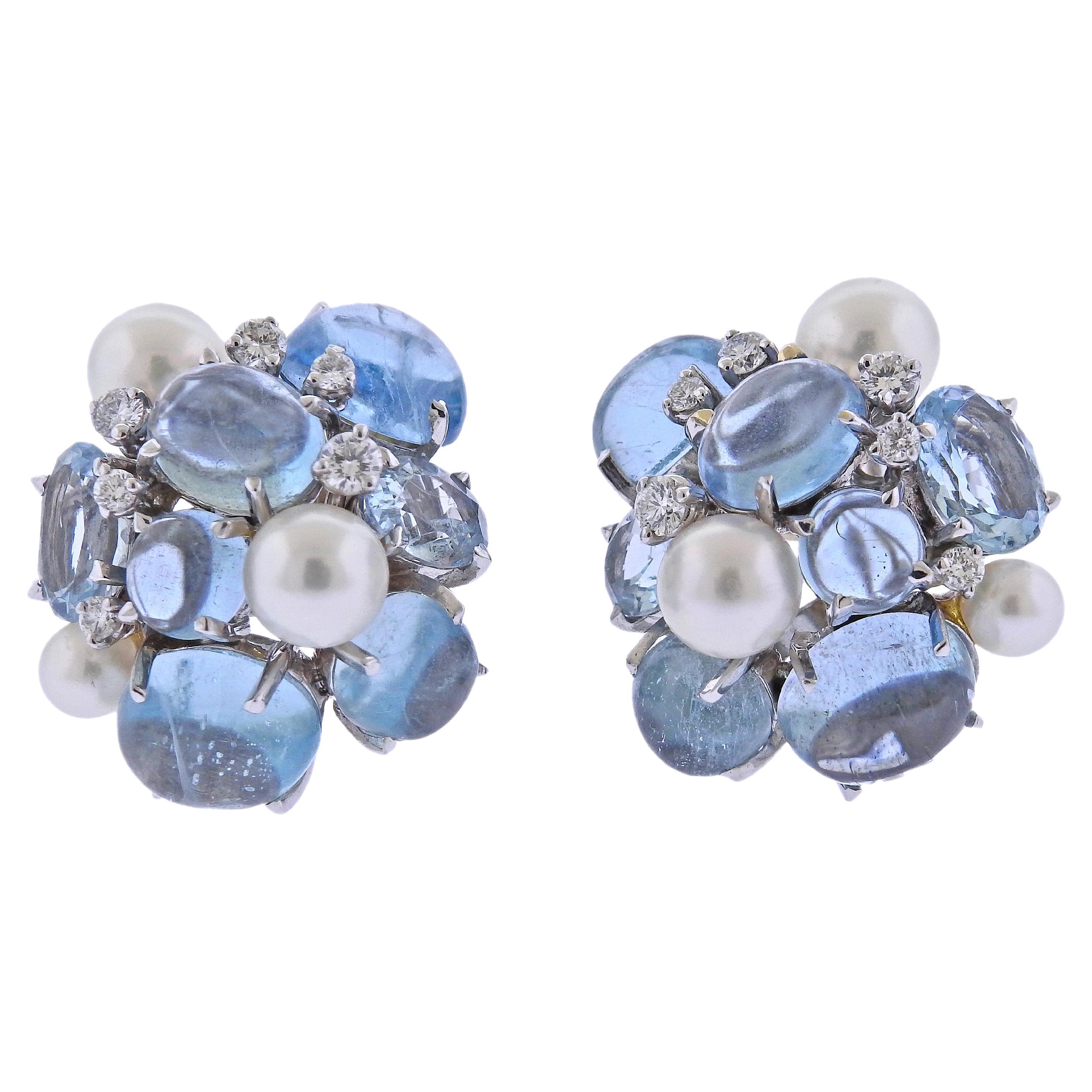 Seaman Schepps Large Bubble Aquamarine Diamond Pearl Gold Earrings