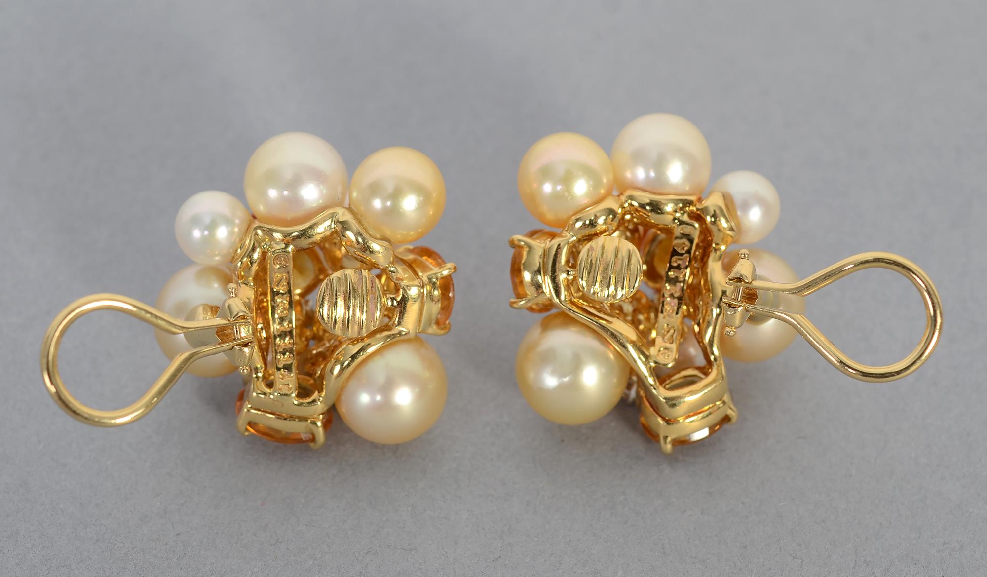 Women's or Men's Seaman Schepps Large Bubble Pearl, Citrine and Diamond Earrings