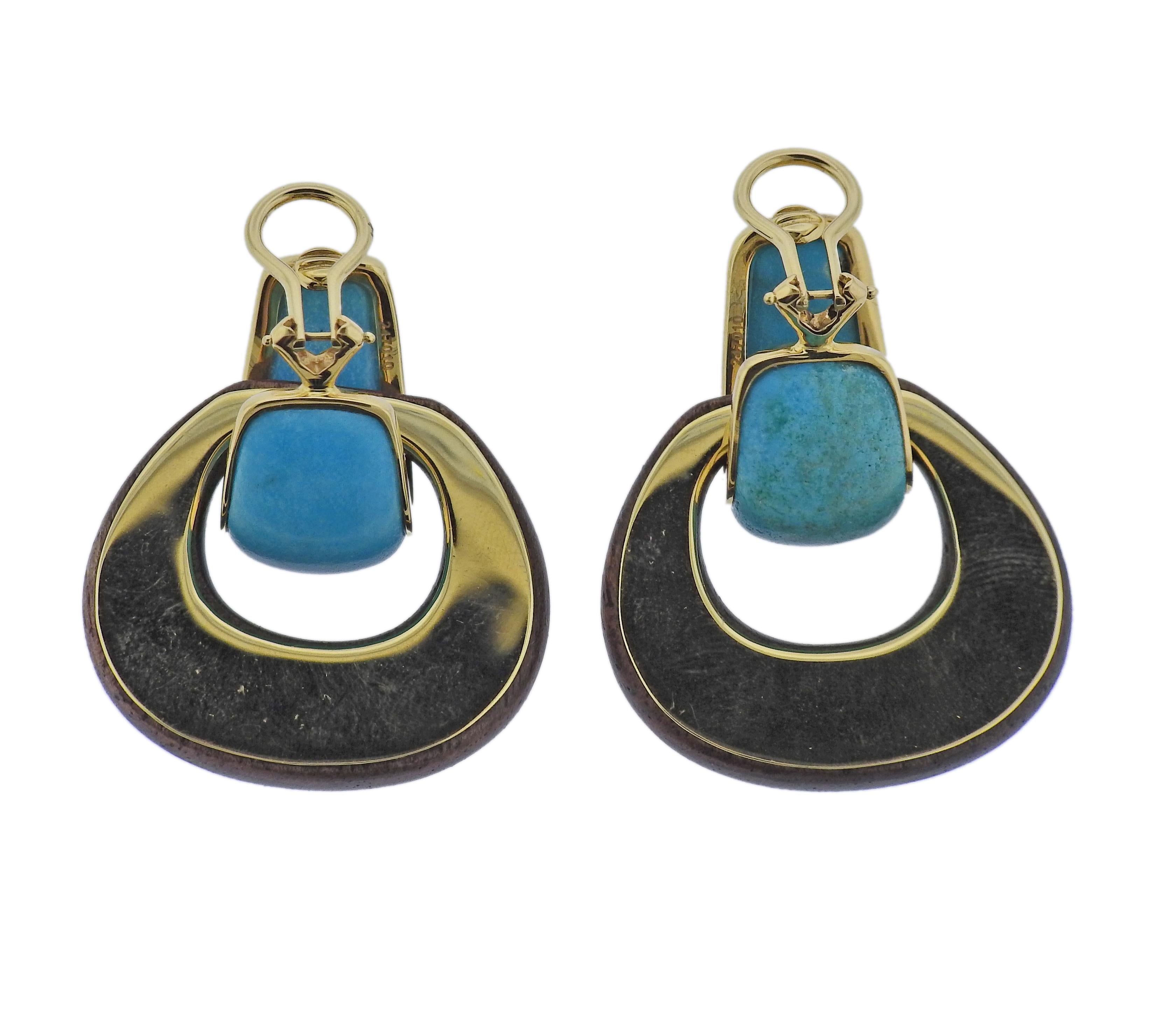 Pair of brand new Seaman Schepps Madison hoop earrings with pendants, set with walnut wood and turquoise. Hoops measure 23mm x 13mm; Pendants - 27mm x 30mm. When worn together - 38mm long.  Weight: 19.3 grams. Marked: 750, Signature Shell mark,
