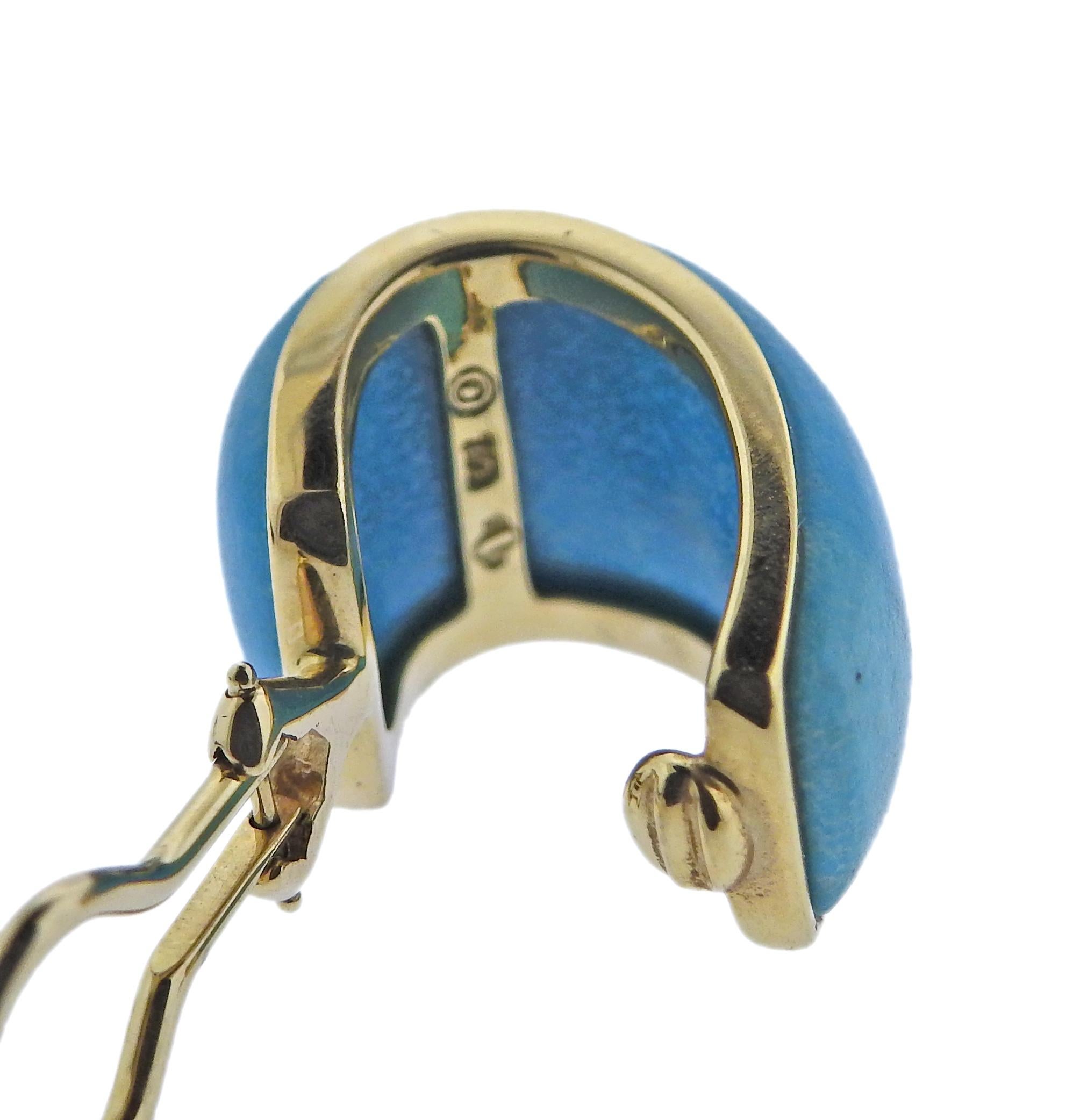 Women's or Men's Seaman Schepps Madison Turquoise Wood Gold Doorknocker Hoop Earrings For Sale