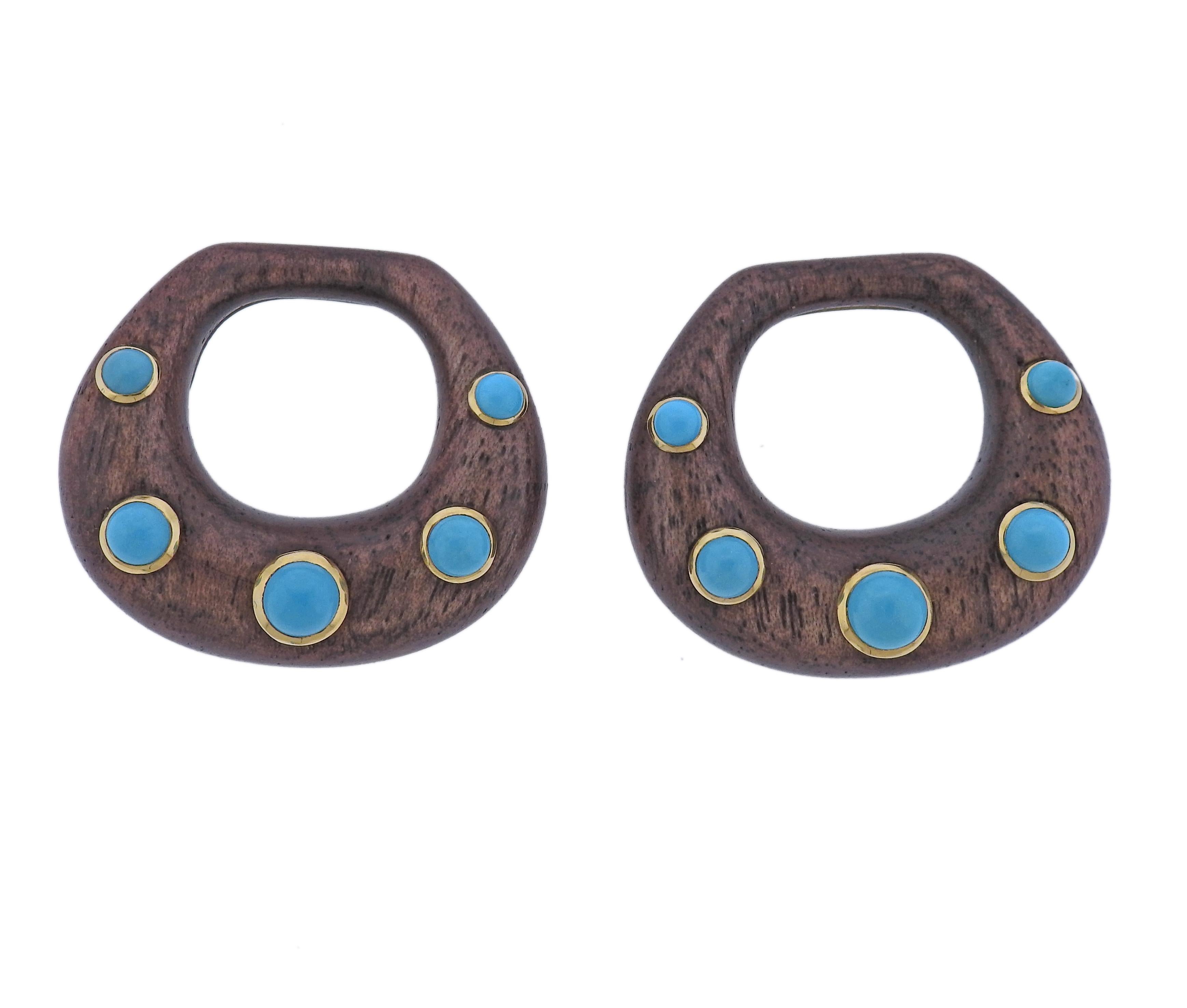 Seaman Schepps Madison Turquoise Wood Gold Doorknocker Hoop Earrings For Sale 1