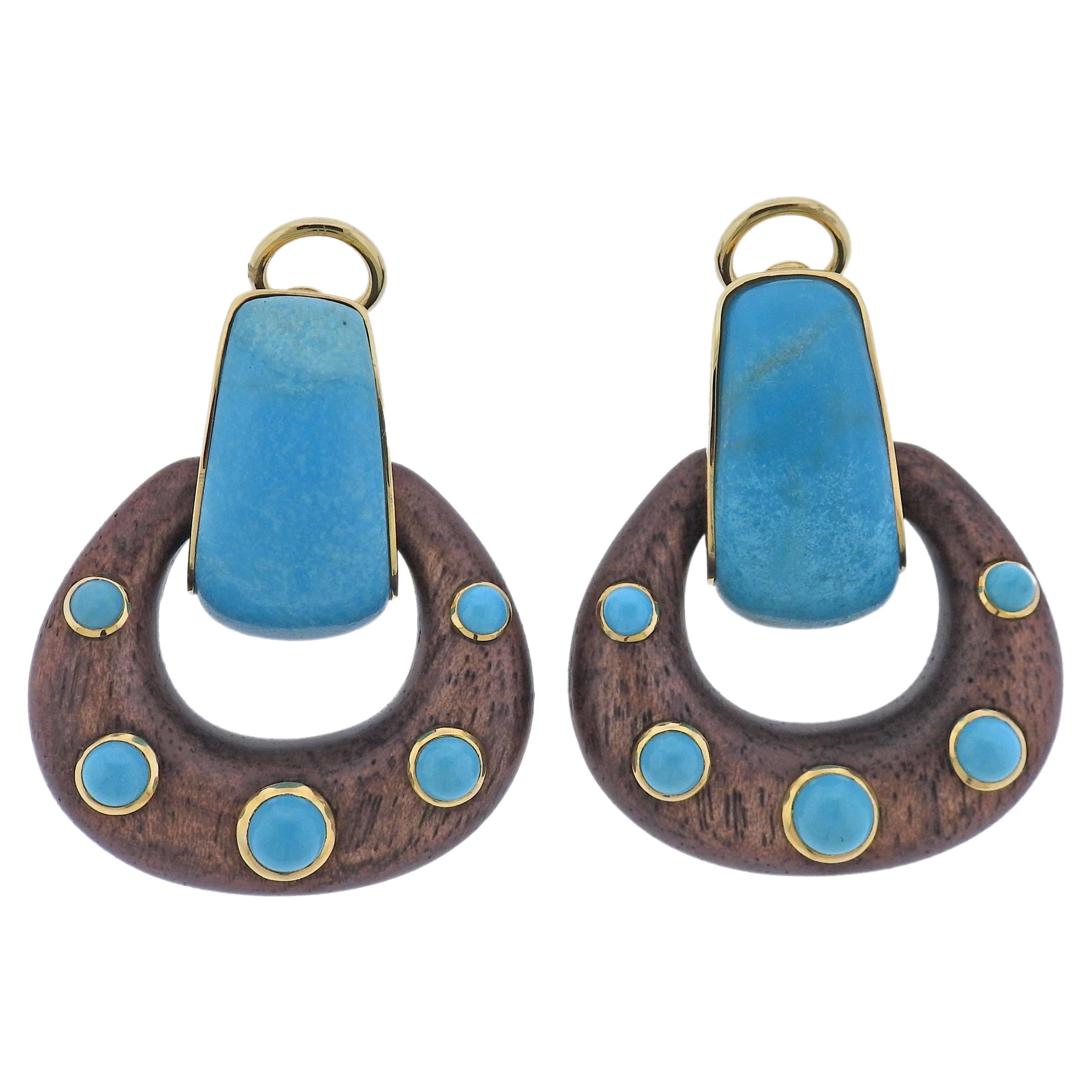 Seaman Schepps Madison Turquoise Wood Gold Doorknocker Hoop Earrings For Sale