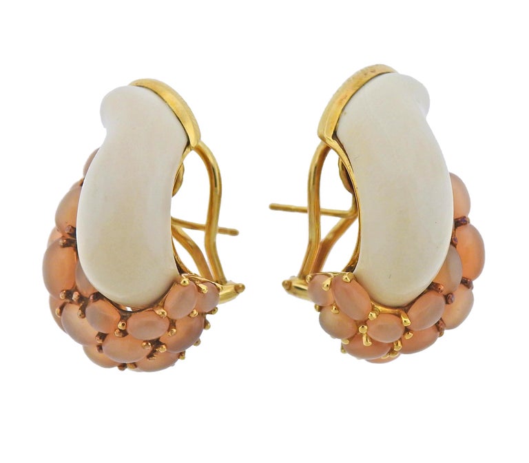 Pair of 18k gold Link earrings by Seaman Schepps, with peach moonstones and mammoth tusk. Earrings are 30mm x 18mm. Weight - 21.9 grams. Marked: 750, Shell mark, 21430.