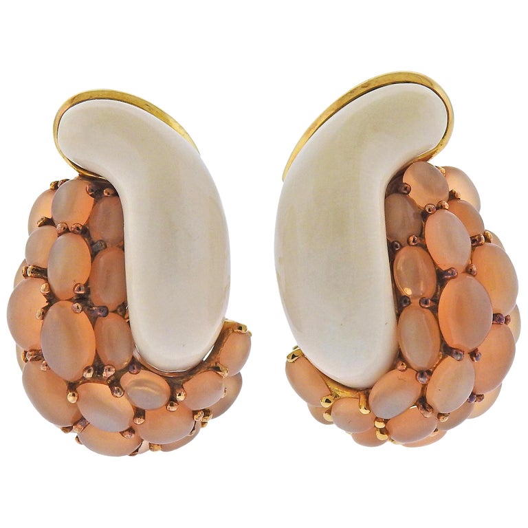 Seaman Schepps mammoth tusk, peach moonstone and gold earrings, 21st century, offered by OakGem