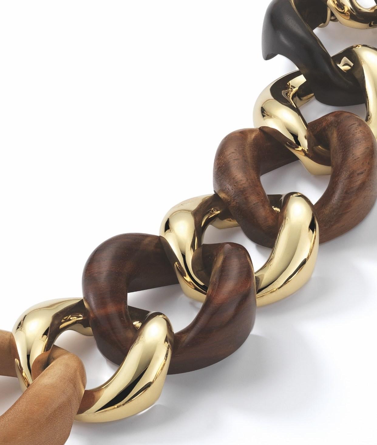 Seaman Schepps Mixed Wood Gold Link Bracelet In New Condition For Sale In Lambertville, NJ