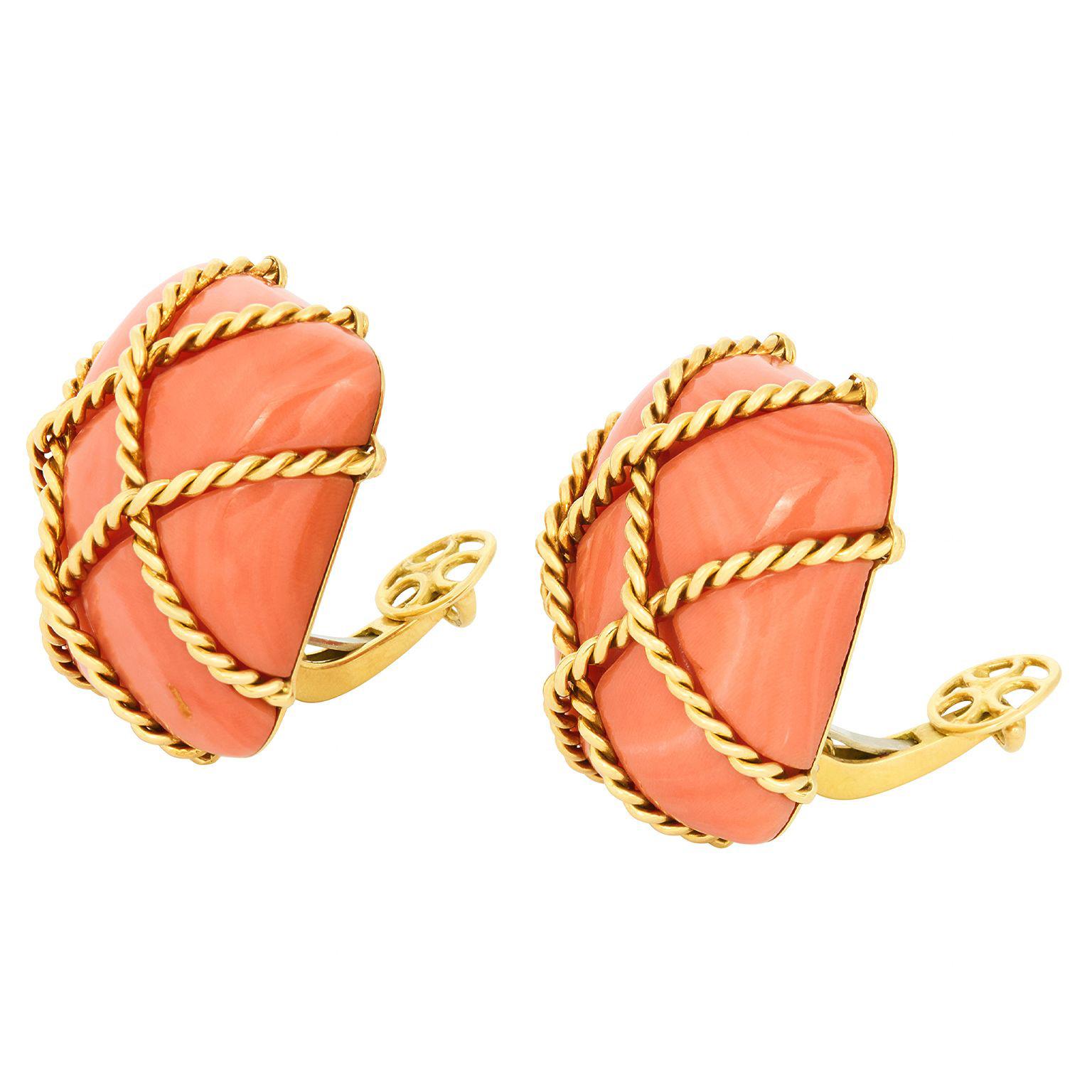 Cabochon Seaman Schepps Monumental Coral Cage Earrings For Sale