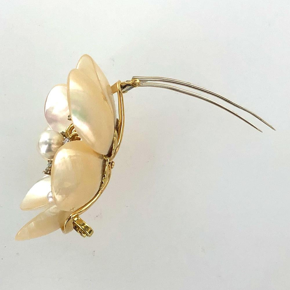 Round Cut Seaman Schepps Mother of Pearl Diamond Floral Vintage Brooch