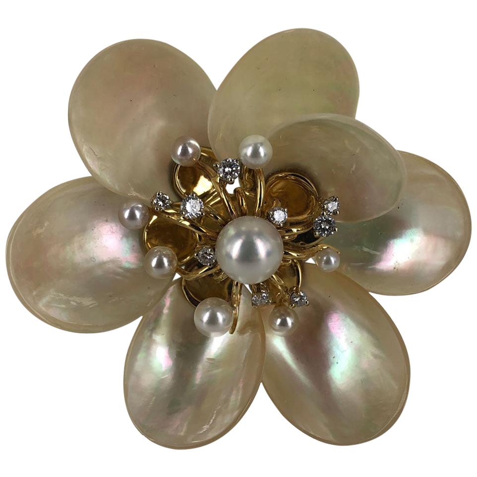Seaman Schepps Mother of Pearl Diamond Floral Vintage Brooch