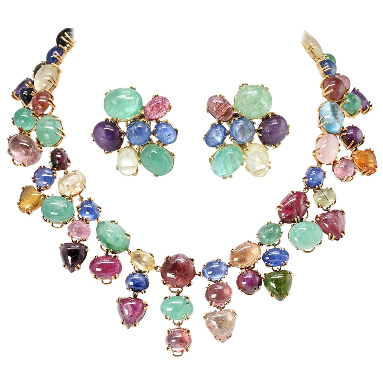 Seaman Schepps Multi-Color Cabochon Gemstone Earrings and Necklace Set