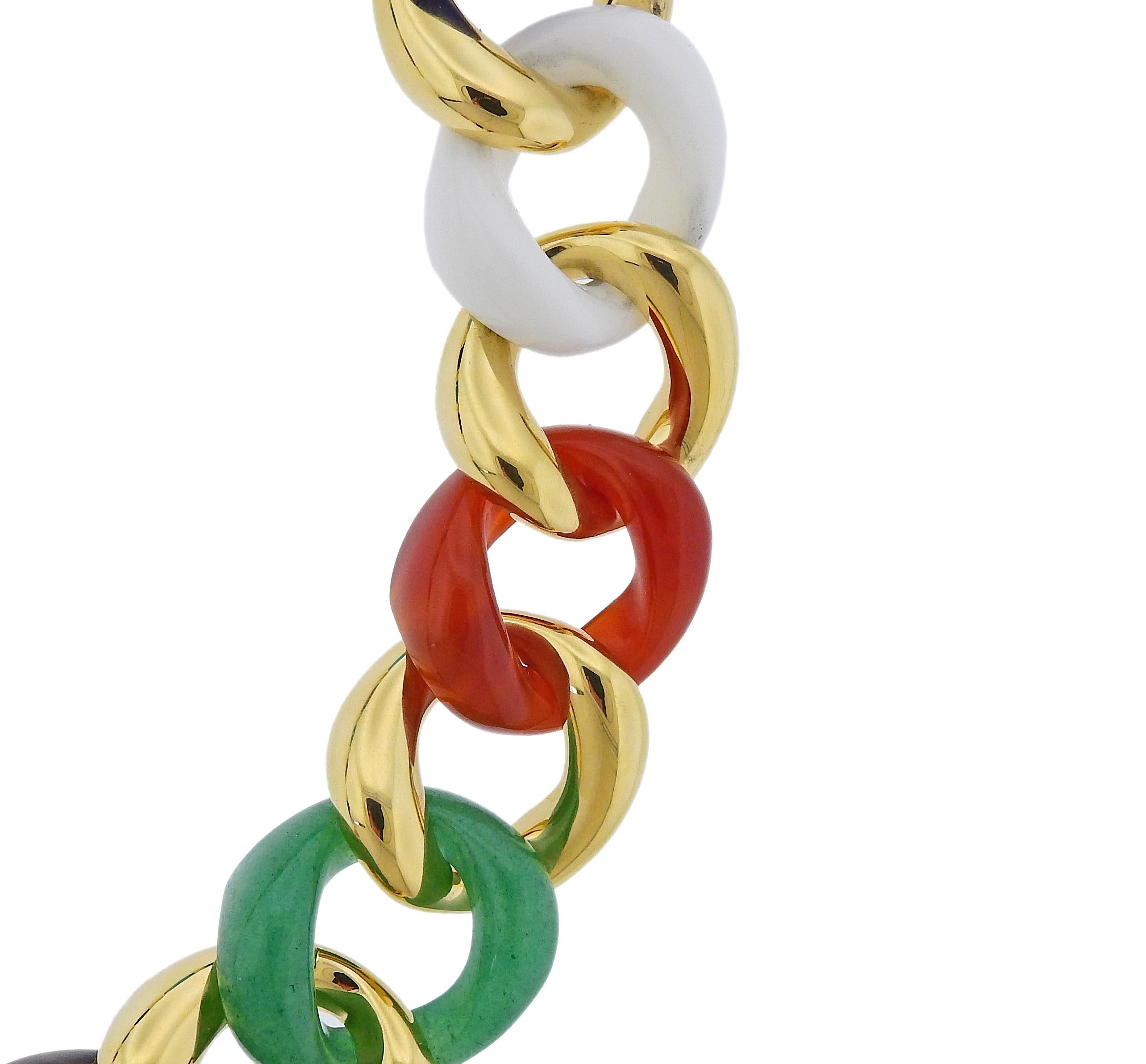Seaman Schepps Multi-Color Gemstone Gold Link Necklace In New Condition In Lambertville, NJ