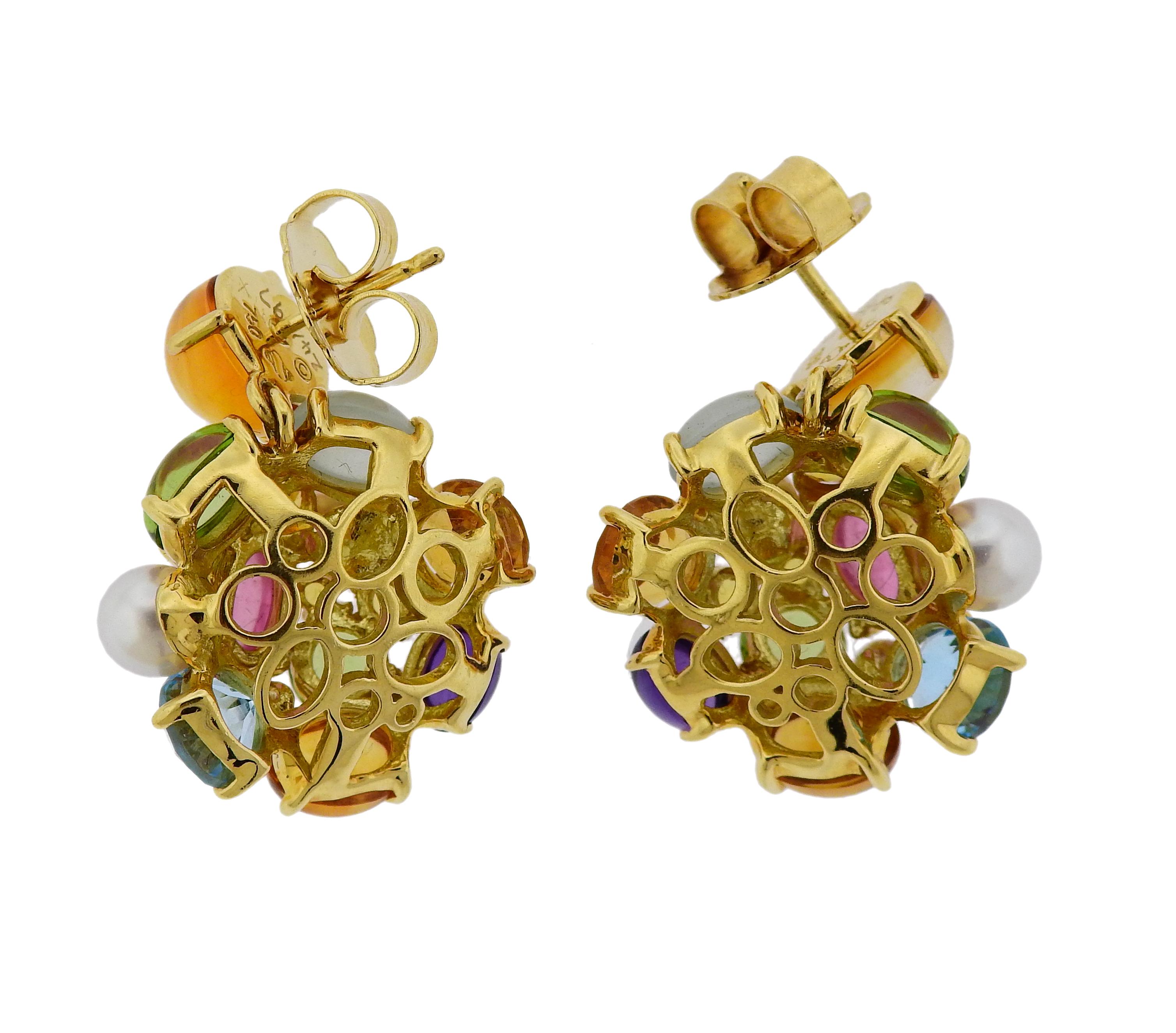 Pair of colorful 18k gold cocktail earrings by Seaman Schepps, set with pearls, tourmalines, citrines, aquamarines, peridots and amethyst.  Earrings are 30mm 21mm, weigh 16.7 grams. Marked:  Shell mark, 750, 241693.