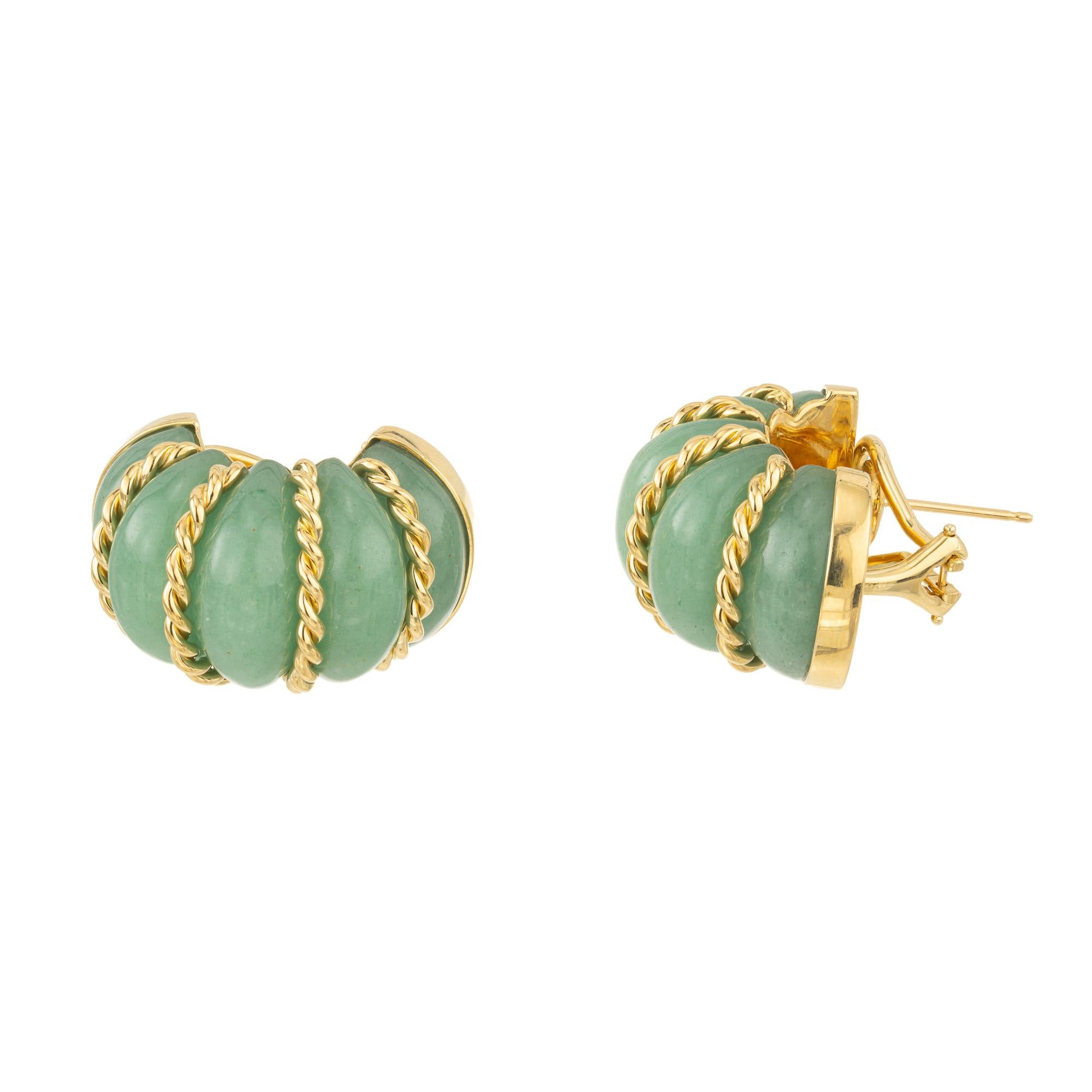 Seaman Schepps Nephrite Jade Yellow Gold Earrings In Good Condition In Stamford, CT