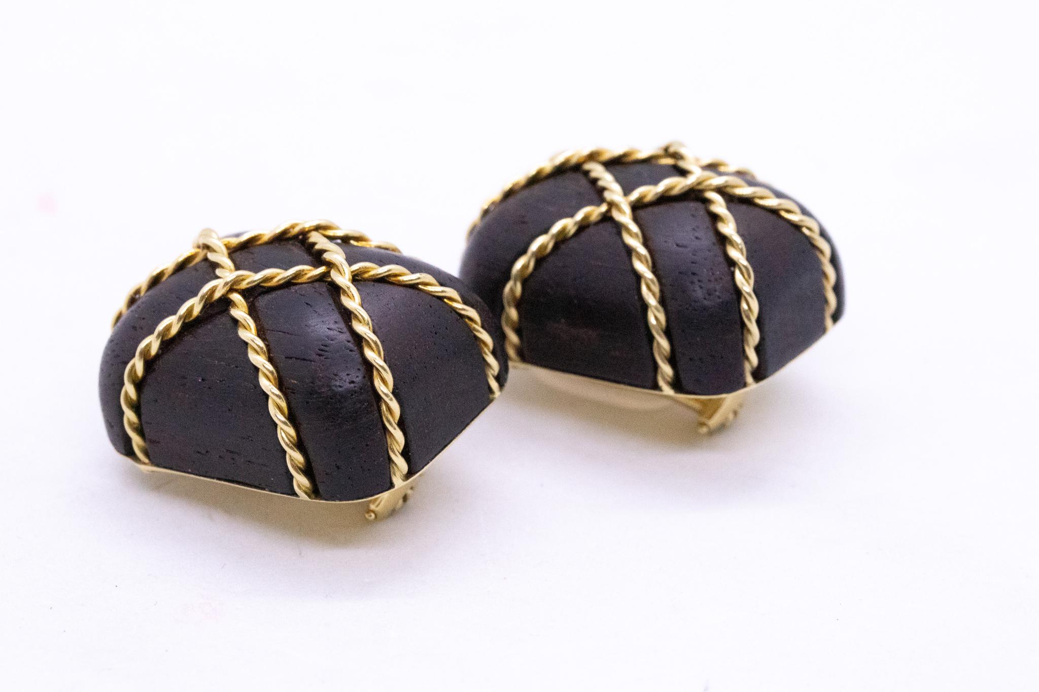 Seaman Schepps New York 18Kt Yellow Gold Clip Earrings with Caged Wood Carvings For Sale 1