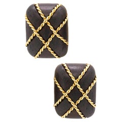 Vintage Seaman Schepps New York 18Kt Yellow Gold Clip Earrings with Caged Wood Carvings