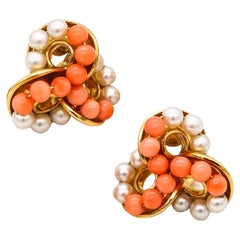 Seaman Schepps New York Clips Earrings 18Kt Gold with Pink Coral & White Pearls