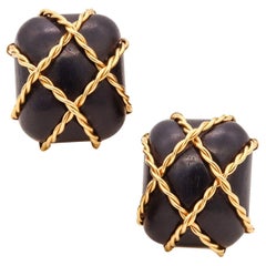 Seaman Schepps Oversized Ear Clips 18Kt Yellow Gold Carvings of Dark Ebony Wood