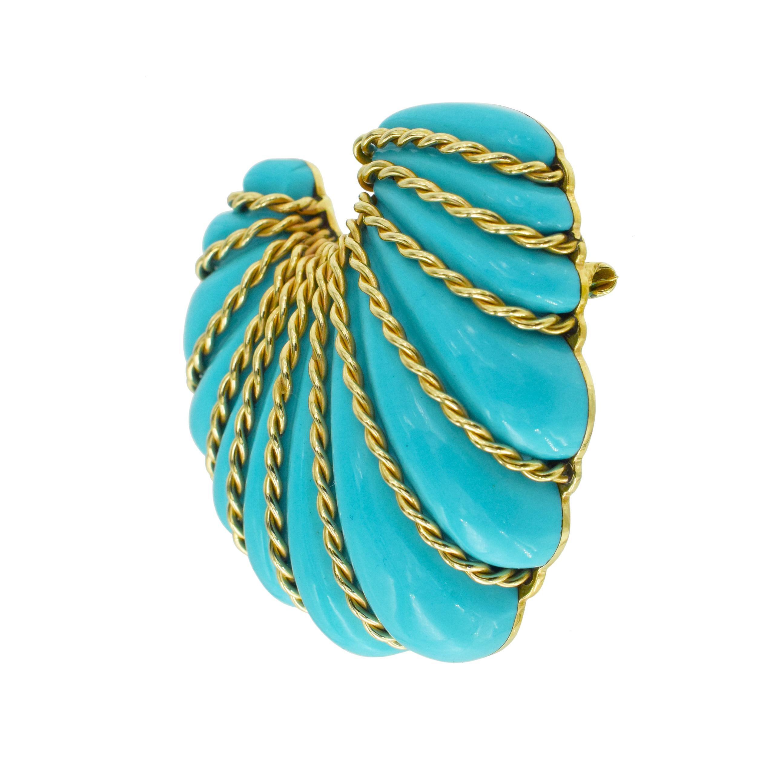 Seaman Schepps Pair of Gold and Turquoise Composite Shell Brooches This pair of      brooches has a shell motif of turquoise composite shells with 14k yellow gold twisted rope set around the turquoise. Both brooches signed Seaman Schepps.