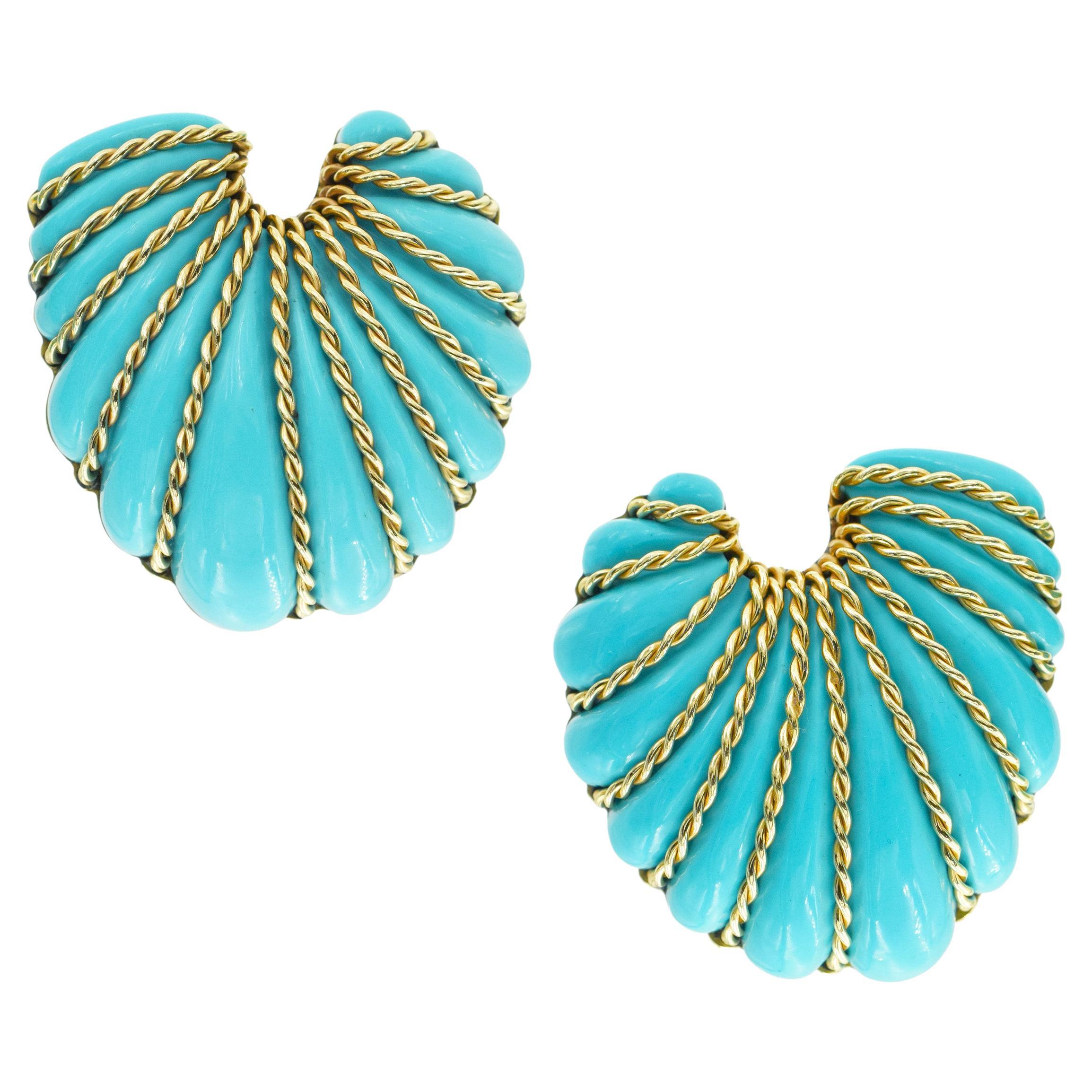 Seaman Schepps Pair of Gold and Turquoise Shell Brooches For Sale