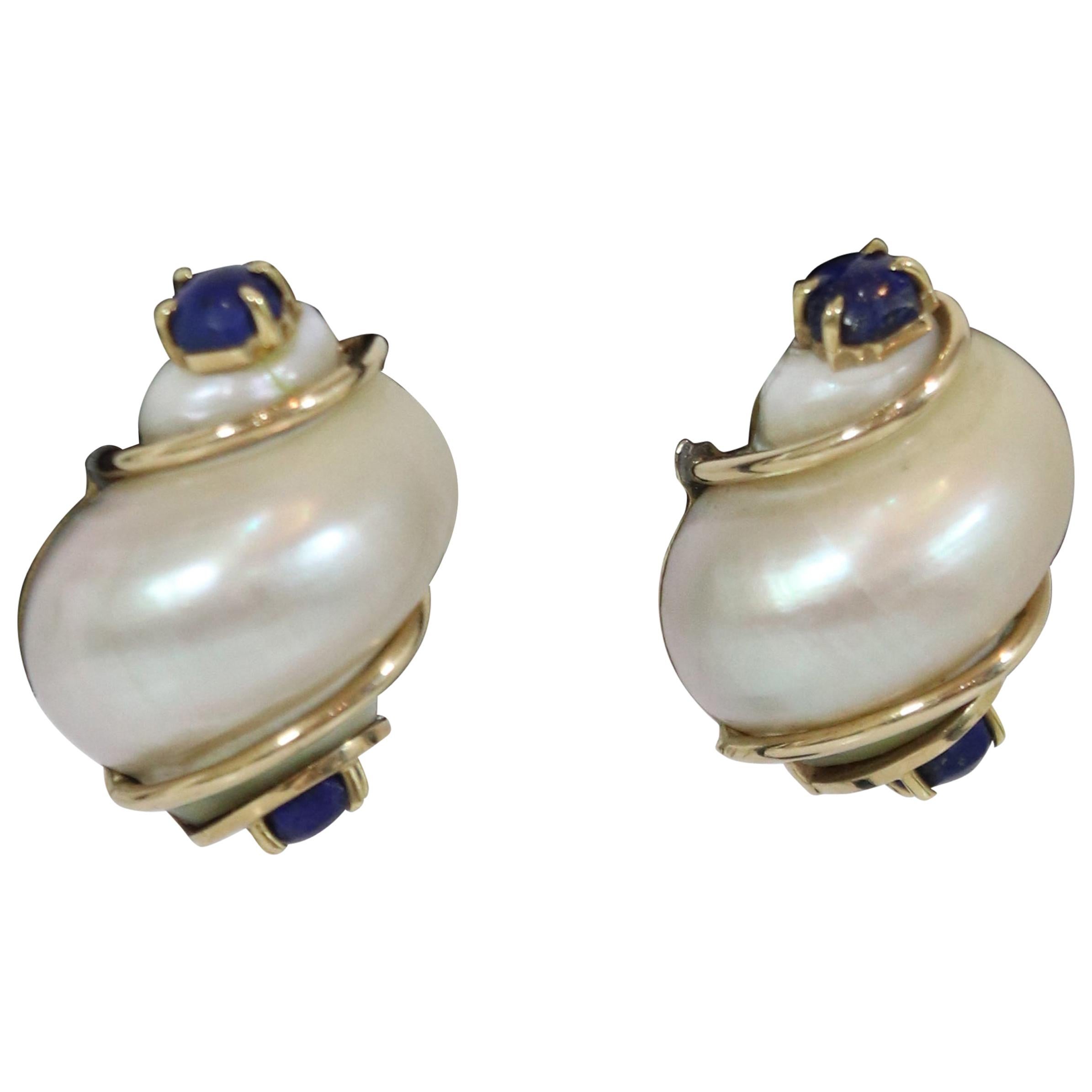 Seaman Schepps Pat Pending 14k Turbo Shell Earrings w/Lapis 