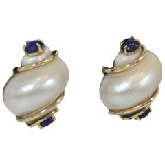 Vintage Seaman Schepps Pat Pending 14k Turbo Shell Earrings w/Lapis 