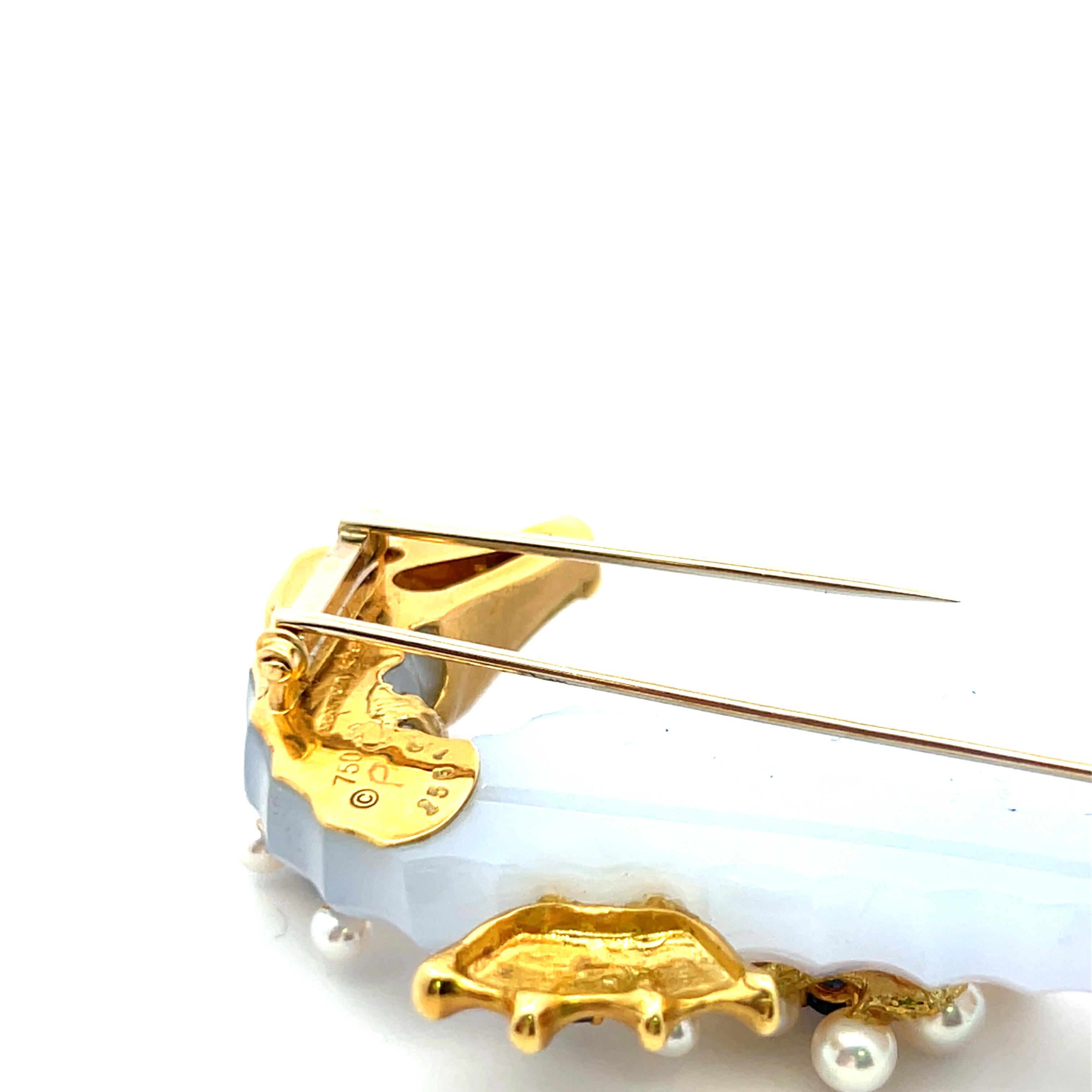 Women's Seaman Schepps Pearl and 0.40 Carat Round Sapphire 18K Yellow Gold Pin Brooch For Sale
