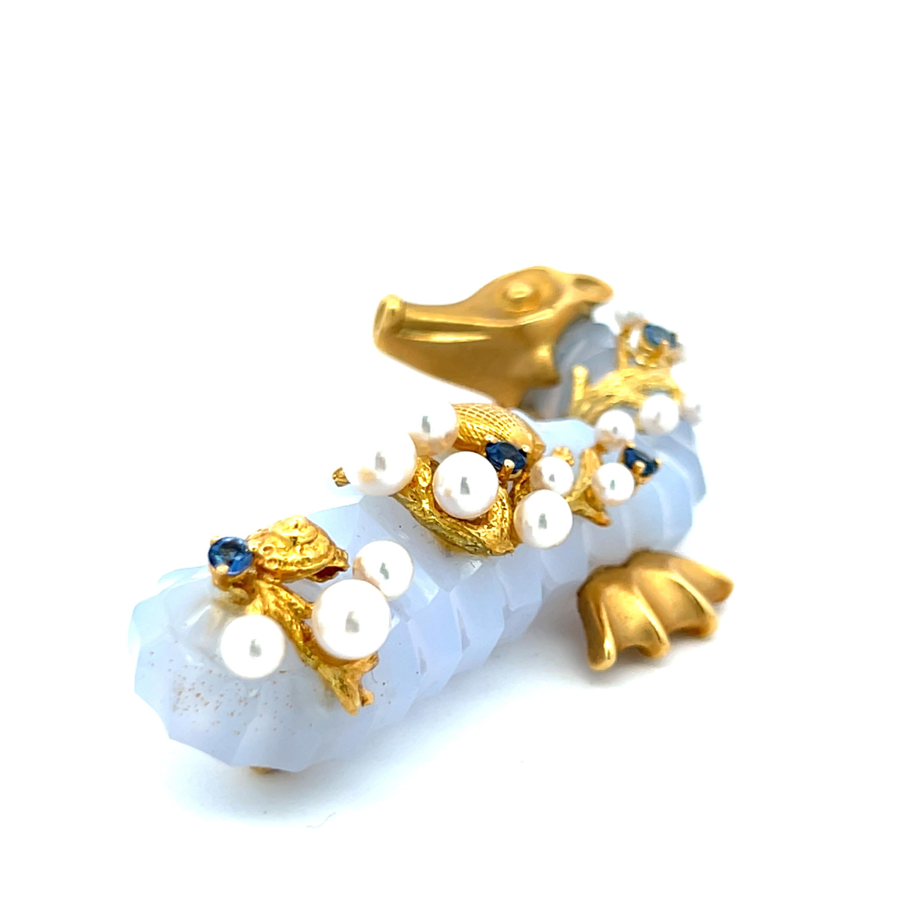 Seaman Schepps Pearl and 0.40 Carat Round Sapphire 18K Yellow Gold Pin Brooch For Sale 1