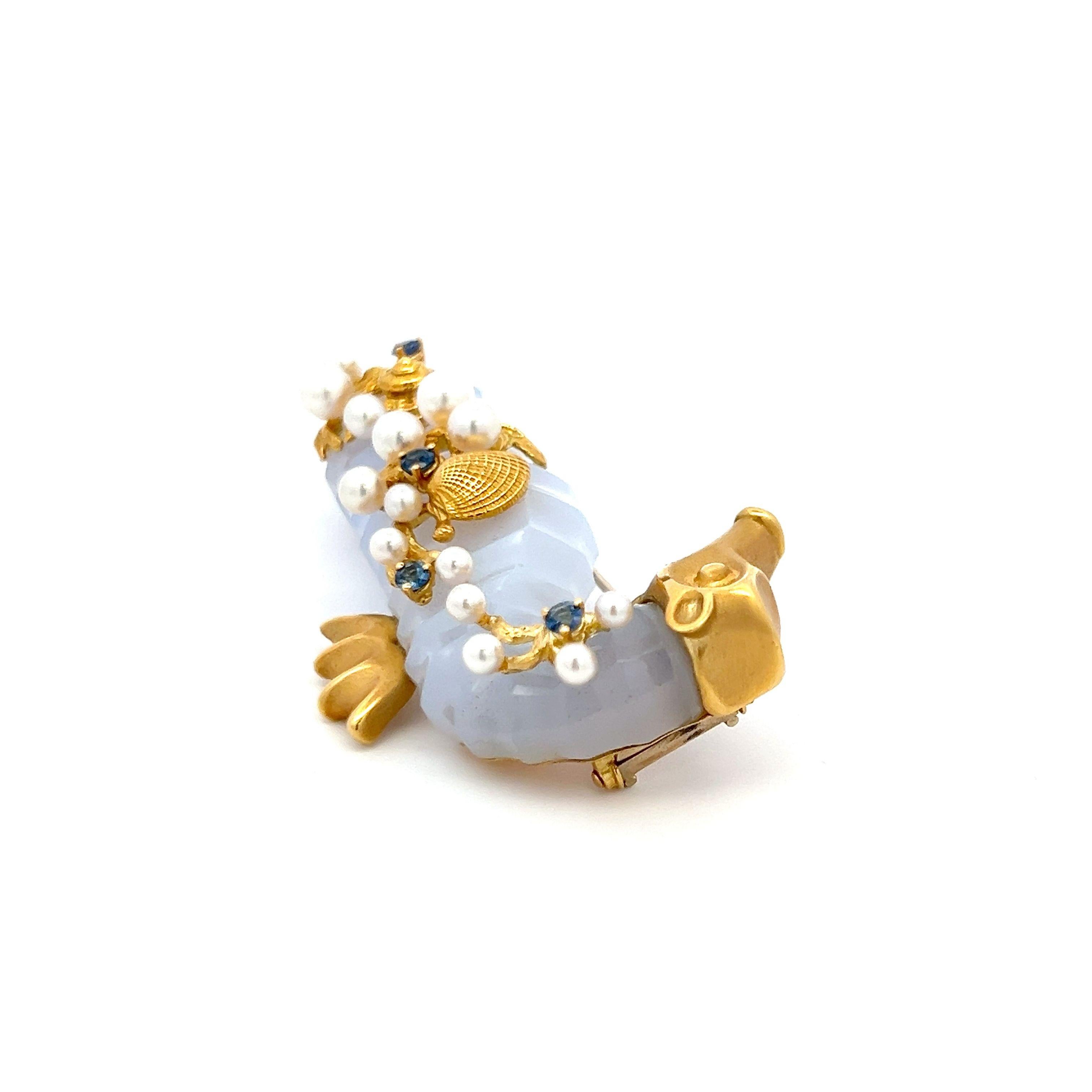 Seaman Schepps Pearl and 0.40 Carat Round Sapphire 18K Yellow Gold Pin Brooch For Sale 2