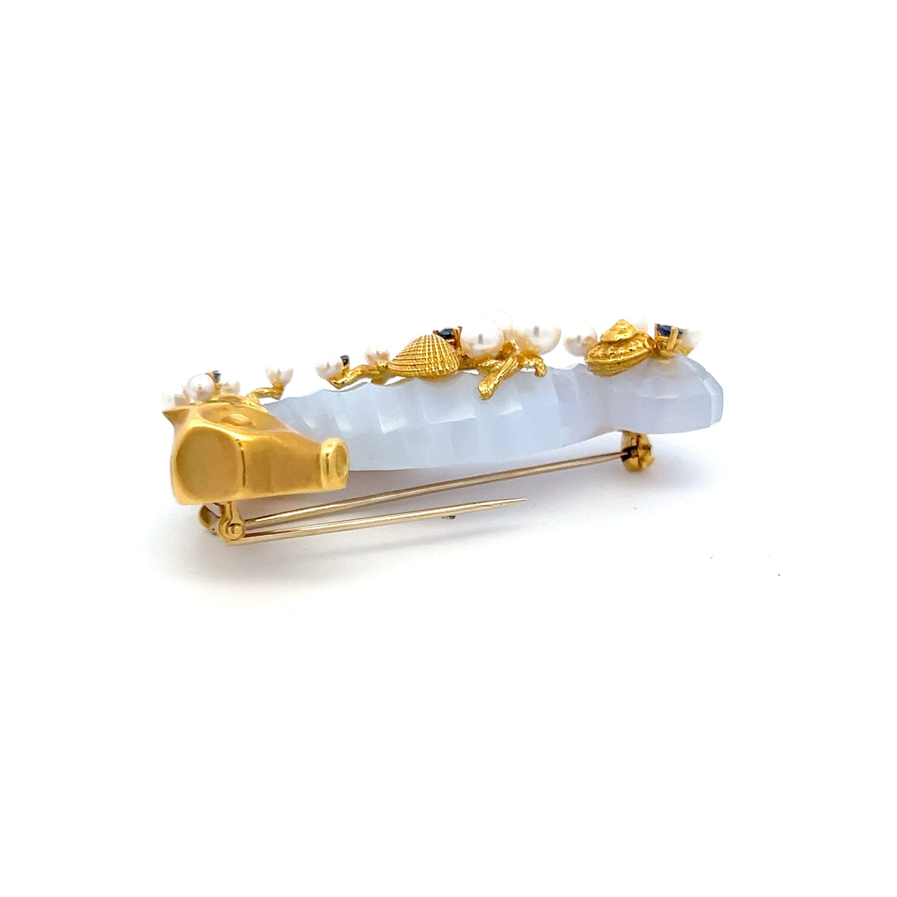 Seaman Schepps Pearl and 0.40 Carat Round Sapphire 18K Yellow Gold Pin Brooch For Sale 3