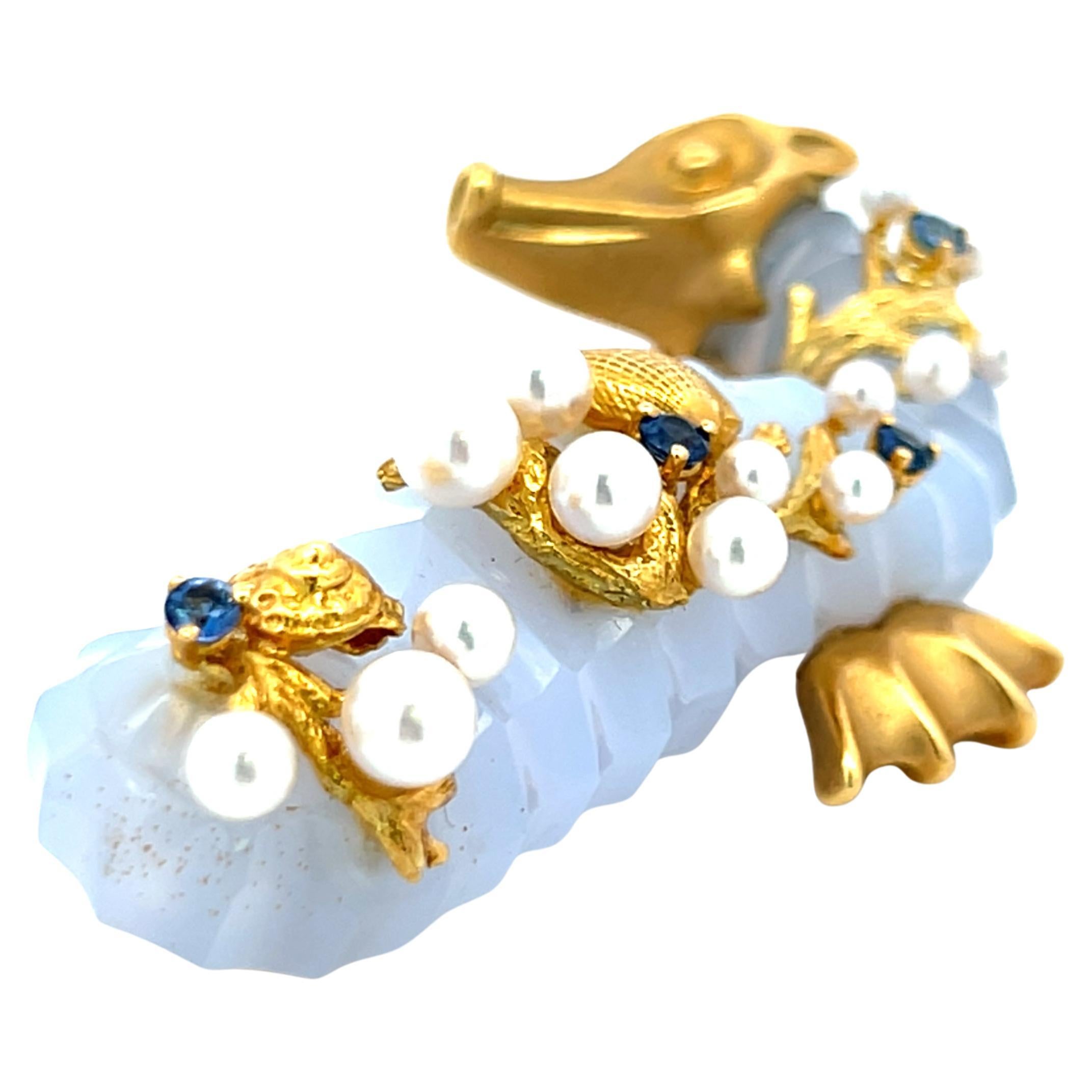 Seaman Schepps Pearl and 0.40 Carat Round Sapphire 18K Yellow Gold Pin Brooch For Sale