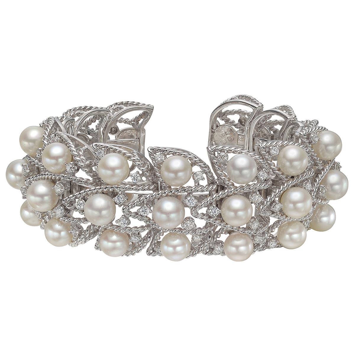 Seaman Schepps Pearl and Diamond Foliate Cuff Bracelet In Excellent Condition In Greenwich, CT