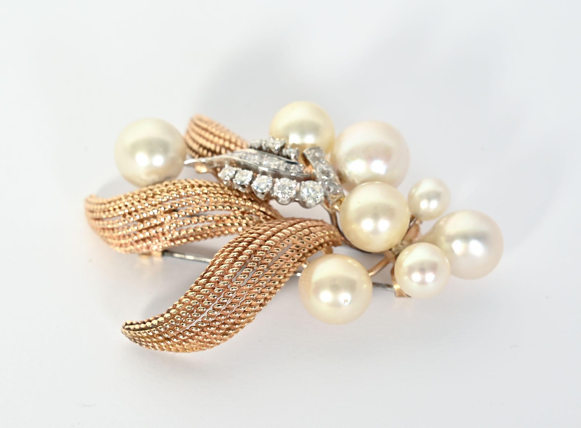 Retro Seaman Schepps Pearl and Diamond Gold Brooch For Sale