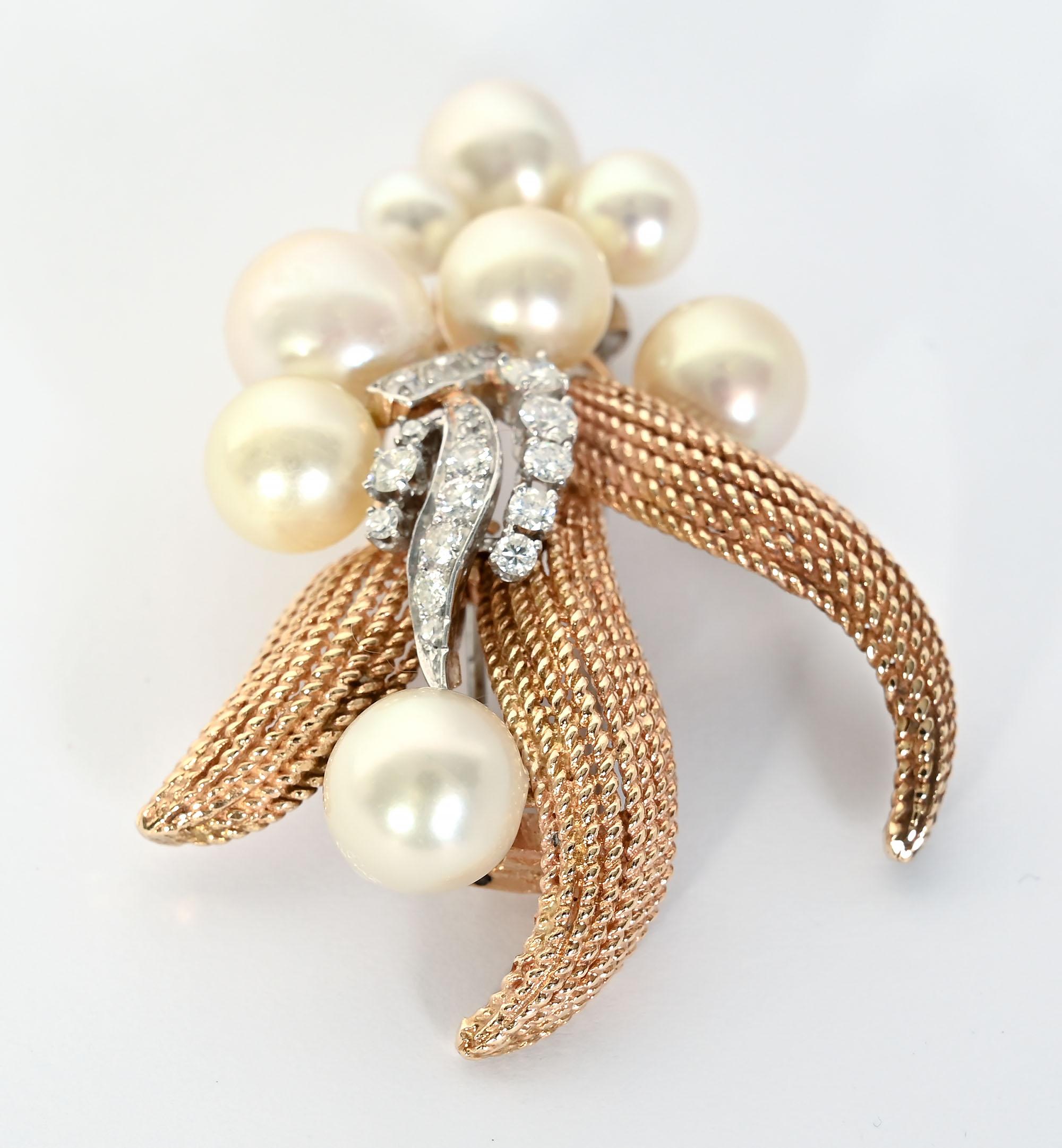Brilliant Cut Seaman Schepps Pearl and Diamond Gold Brooch For Sale